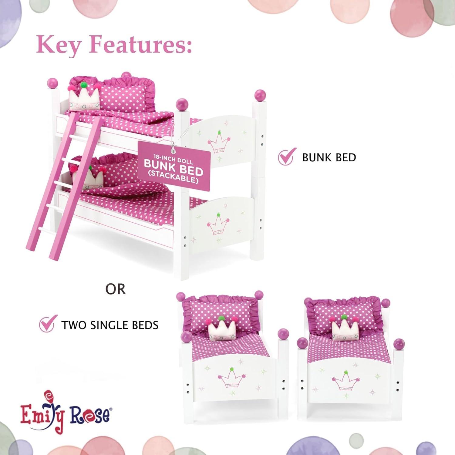 Emily Rose 18 Inch Doll Bunk Bed Furniture | 2 Single 18" Doll Stackable Beds | Bunkbed with Ladder and (2) 4-PC Bedding Accessory Sets | Ideal Girls Gift Set for Easter | USA Business