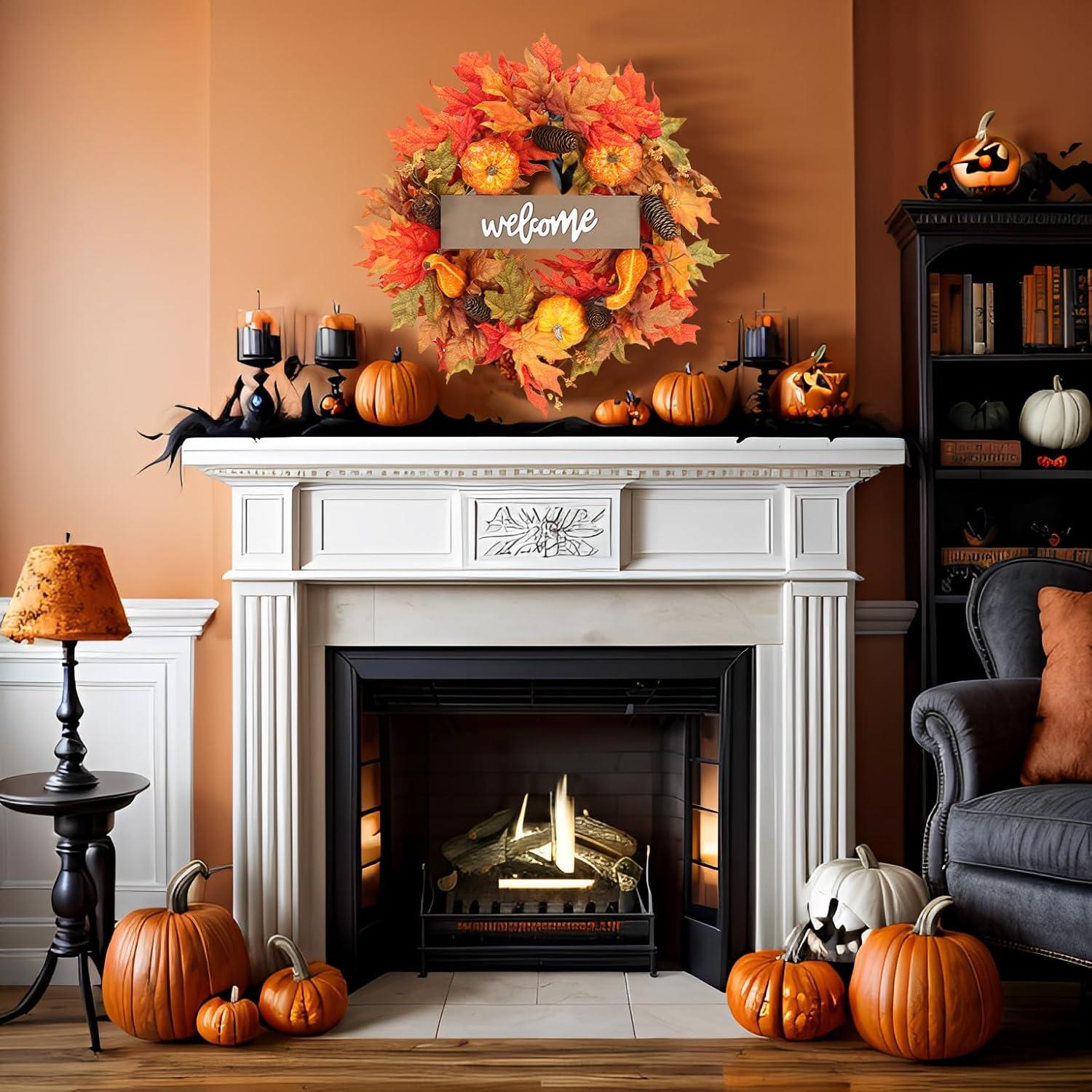 Fall Wreath 20’’ Autumn Front Door Wreath Harvest Wreath with Sunflower Pumpkins Berries Maple Leaves Daisies for Outside Indoor Home Wall Festival Thanksgiving Autumn Farmhouse Decor