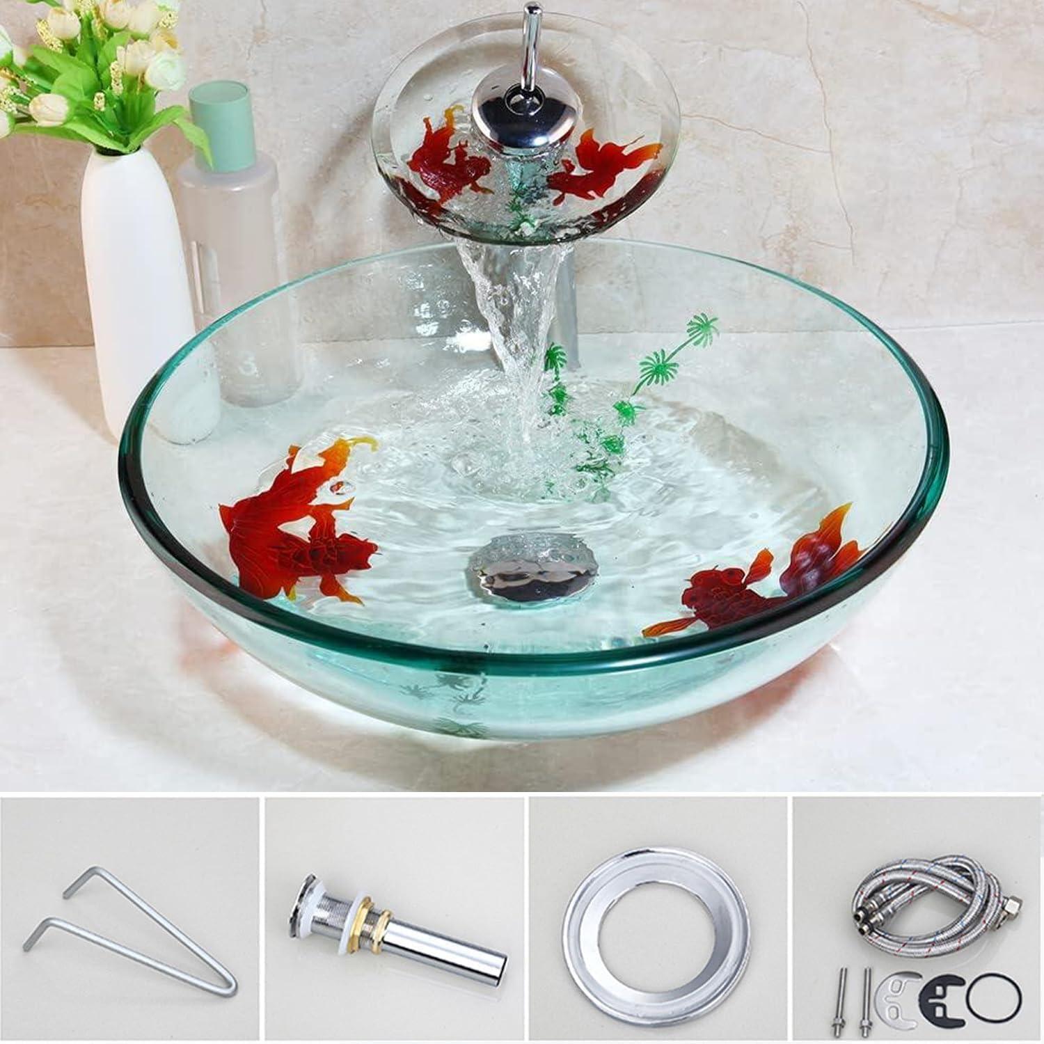 Clear Bathroom Sink Hand Painting Gold Fish Tempered Glass Vessel Sink Basin with Waterfall Faucet and Drain Combo,16"Round Glass Bowl Sink Above Counter Clear Bathroom Vessel Sink Set