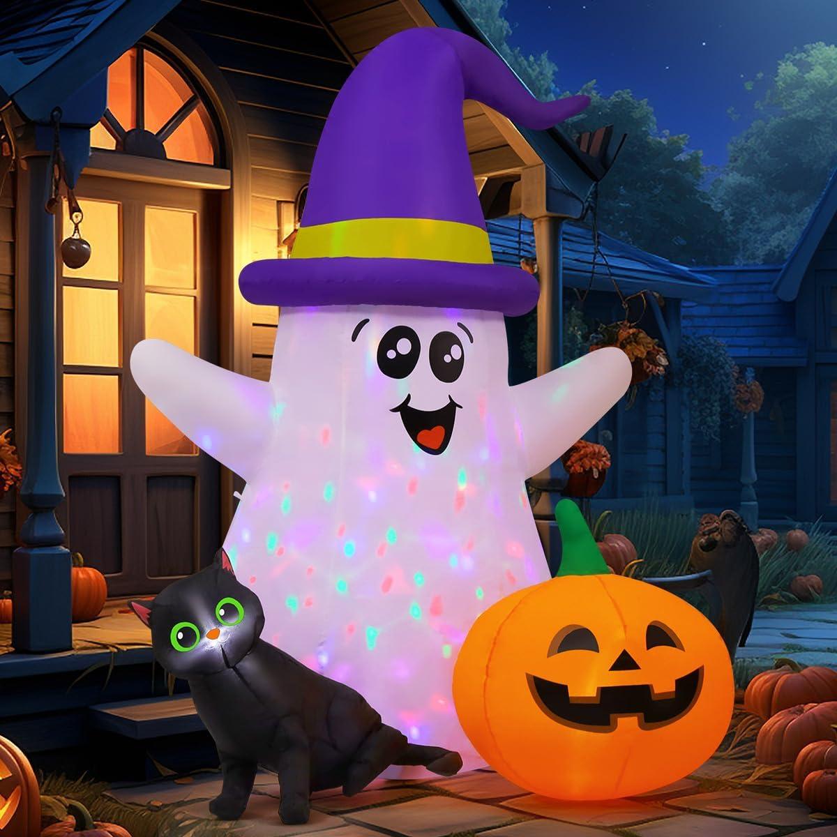 5 FT Halloween Inflatables Ghost Outdoor Decorations Blow Up Yard Cute Wizard Ghost With Pumpkin Black Cat With Built-In Leds For Garden Lawn Indoor Party Decor