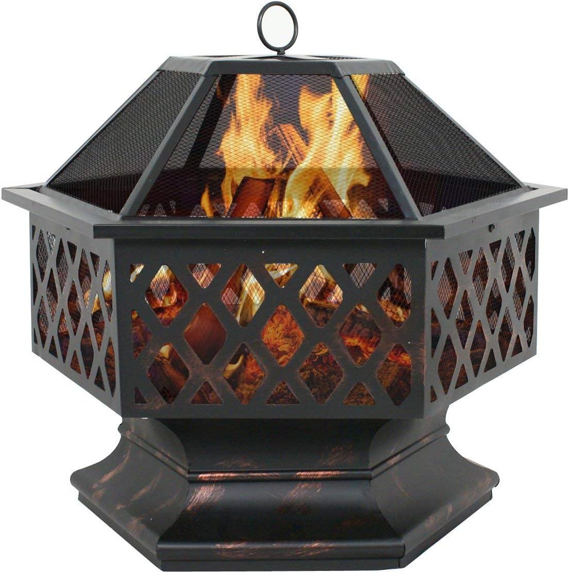 ZENY 24" Hexagon Wood Bronze Finish Steel Fire Pit