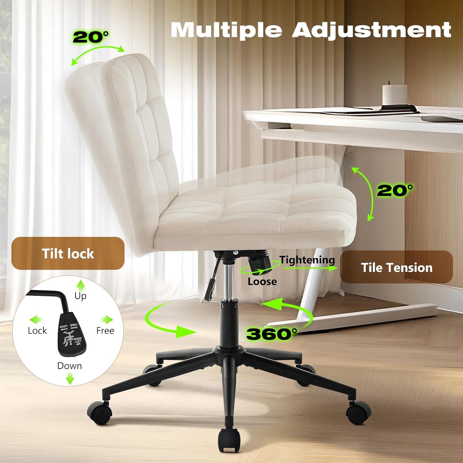 Furniliving Modern Armless Office Desk Chair, Velvet Cute Vanity Chair with Lumbar Support, 360° Swivel Office Chair for Bedroom, Office, Pink