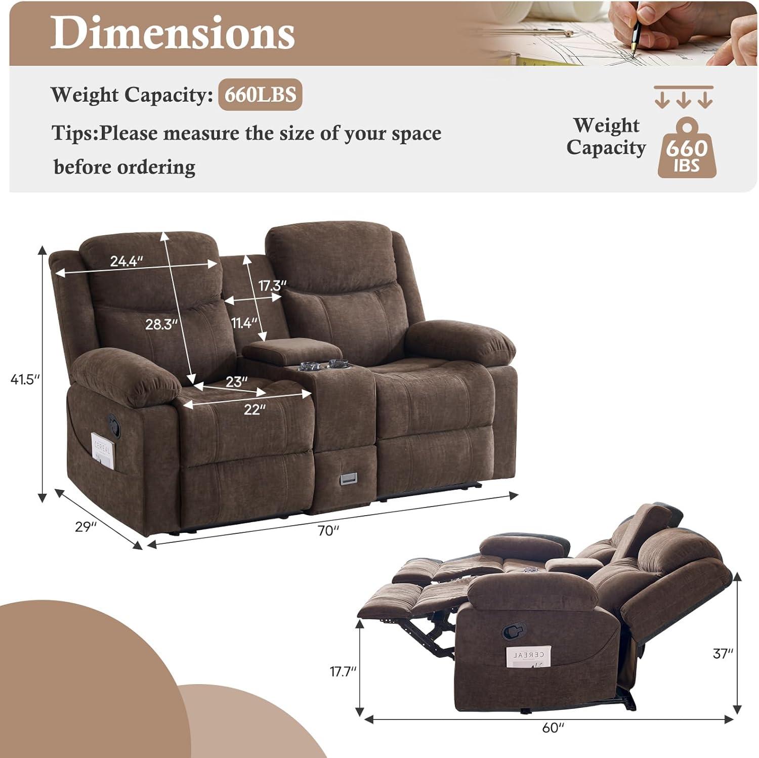 Loveseat Recliner Sofa, Manual Recliner Loveseat with Console, Modern Chenille Sofa Sleeper Deep Couches with Cup Holders and Side Pocket for Living Room/Office/Apartment (Brown)