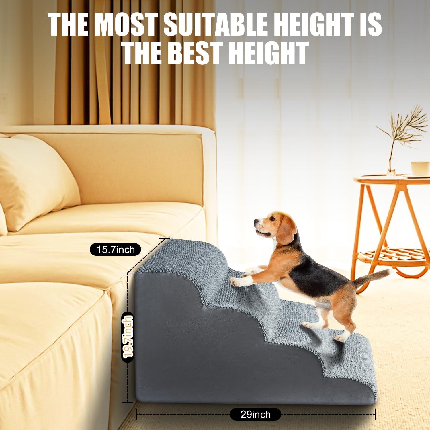 4 Steps Dog Stairs For Small Dogs, 18.5 Inch High, 30D Foam Dog Dtairs And Steps, Curved Steps