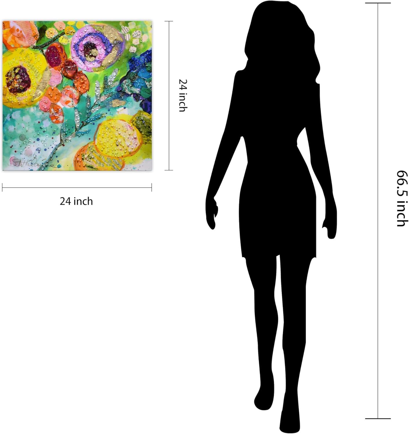 "Floral Radiance II" Crystallus Epoxy Coated Wrapped Glossy Canvas Wall Art with Heavy Acrylic Crystal Shards Embellishments