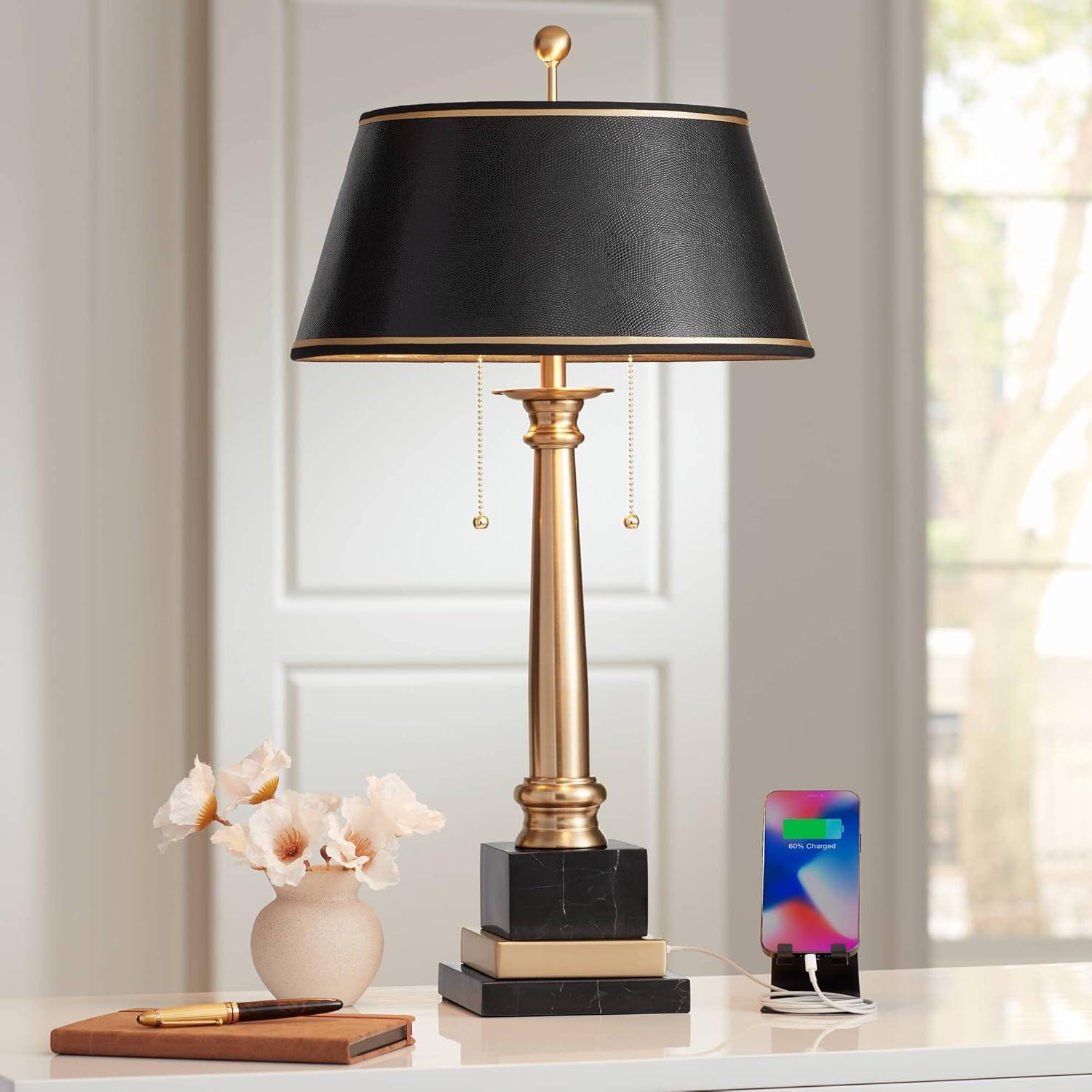 Georgetown Warm Brass Desk Lamp with Black Shade and USB Port