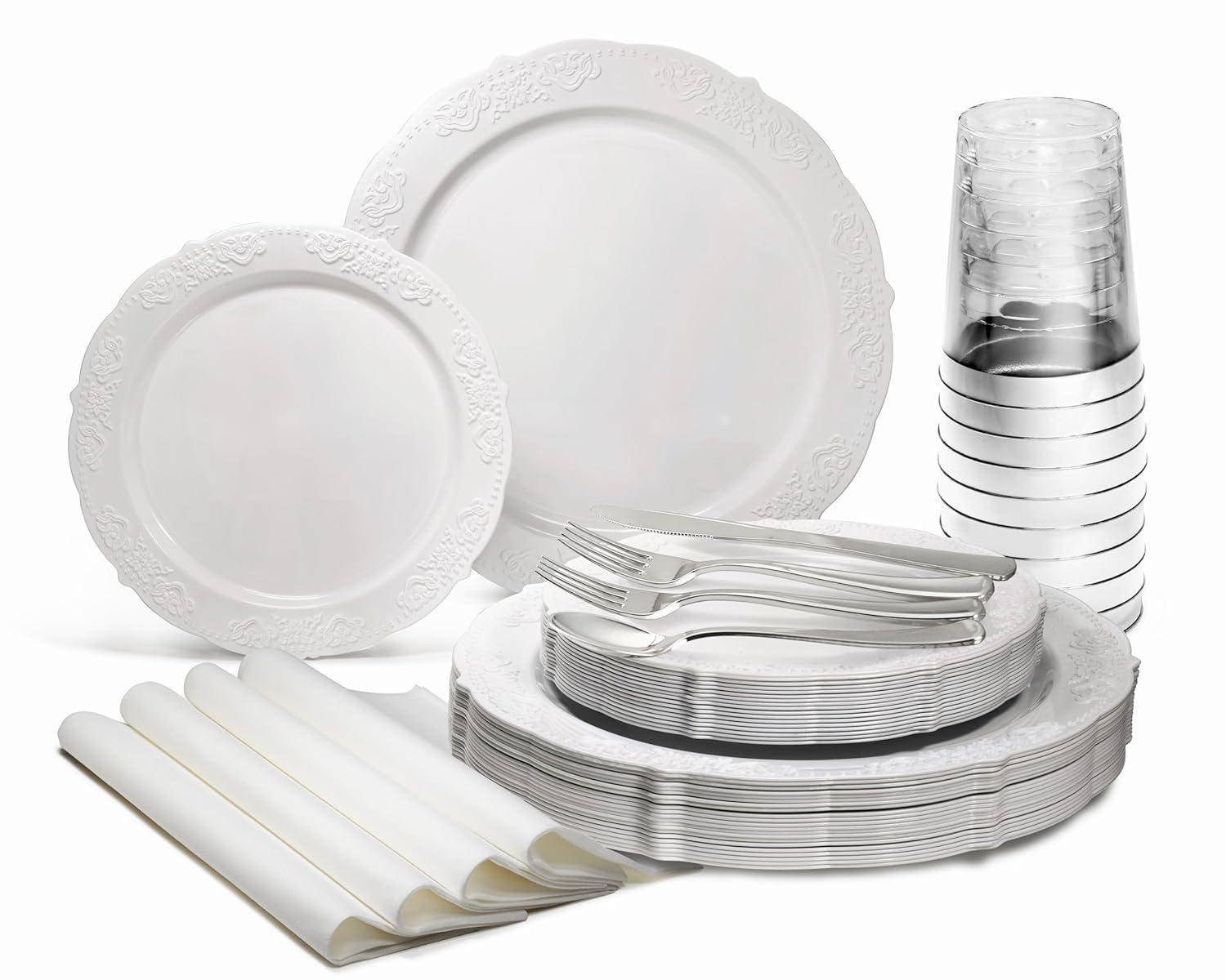 " OCCASIONS " 320 Piece set (40 Guests)-Vintage Wedding Party Disposable Plastic Plates & cutlery -40 x 10'' + 40 x 7.5'' + Silverware + 12oz Cups + Napkins (Verona White)
