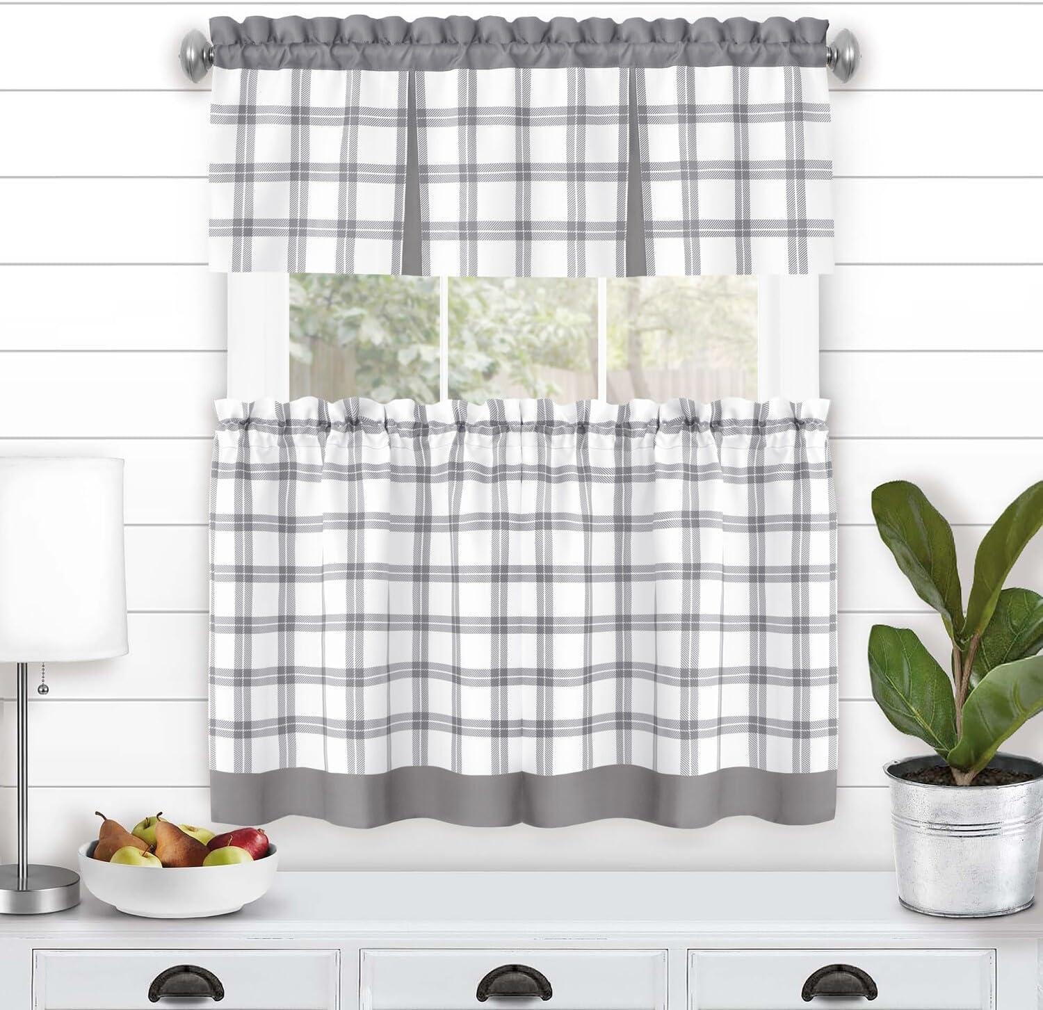 Gray Plaid Light Filtering Tier and Valance Curtain Set