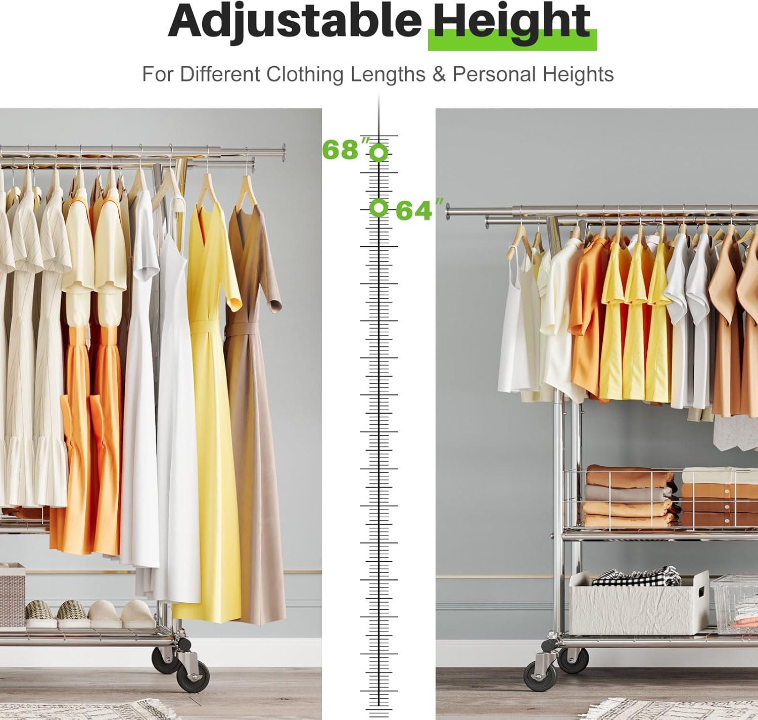 HOKEEPER Heavy Duty Clothing Clothes Rack for Hanging Clothes Adjustable Rolling Garment Rack with Wheels for Bedroom, Living Room (Double Rod with Metal Basket)