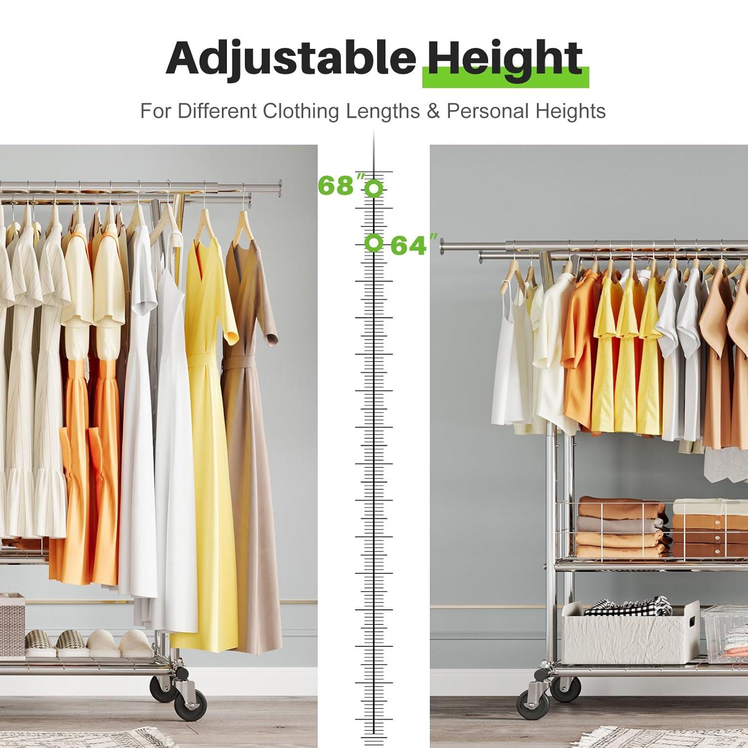 HOKEEPER Heavy Duty Clothing Clothes Rack for Hanging Clothes Adjustable Rolling Garment Rack with Wheels for Bedroom, Living Room (Double Rod with Metal Basket)