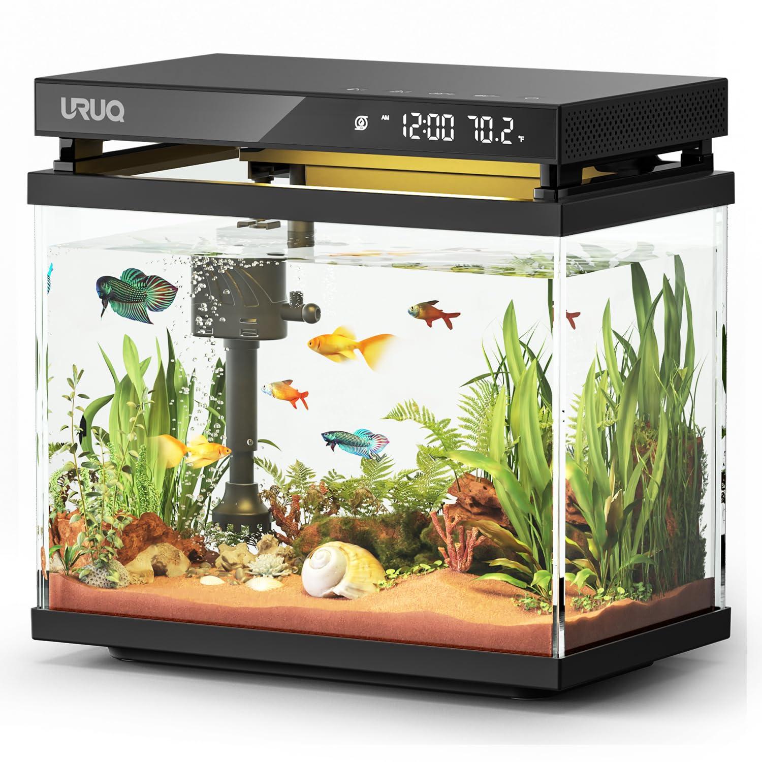 Latitude Run® Fish Tank Smart Aquarium Kit: 2 Gallon UHD Glass Silent Water Pump Self Cleaning Multi Layer Filtration System - Temperature Sensing 7-Color Lighting For Small Fish Betta Kids Room Desktop Decor
