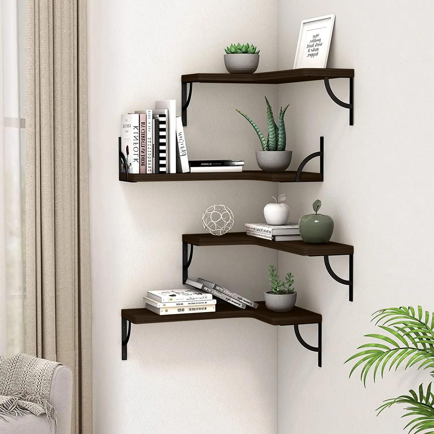 Small Modern Light Brown Floating Corner Wall Shelf Set