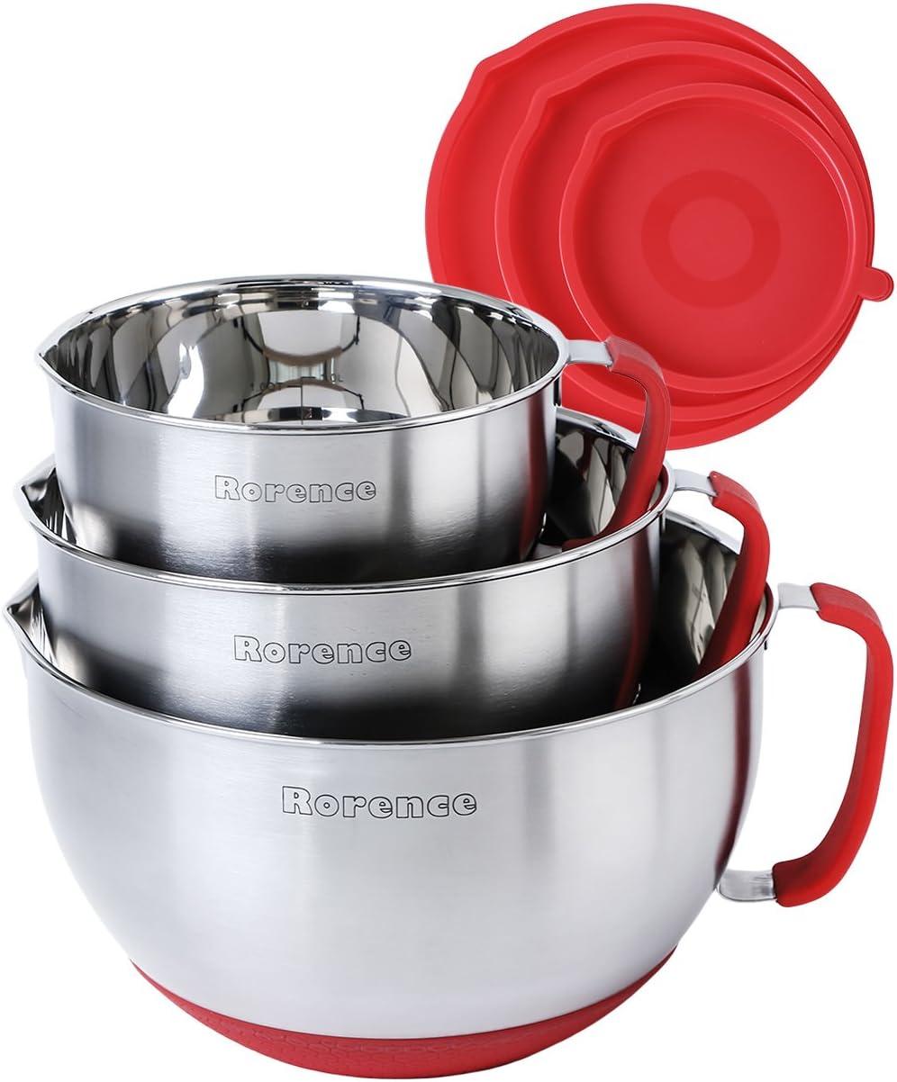 Stainless Steel Mixing Bowl Set with Red Silicone Lids