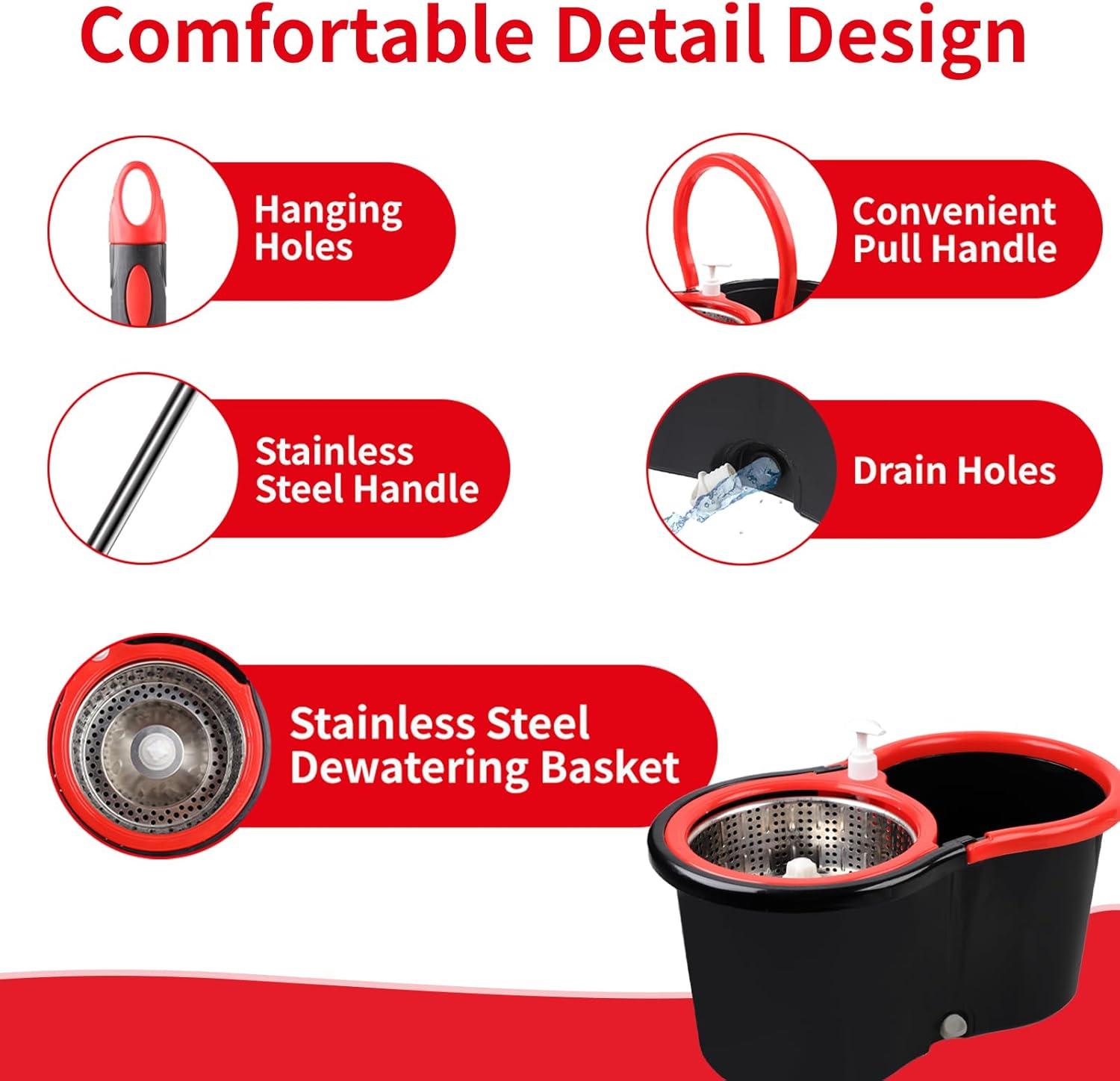 Spin Mop and Bucket Set, 360° Spin Mop and Bucket with Wringer Set and 3 Microfiber Mop Replacement Heads Refills, 61" Stainless Steel Extended Handle Spinning Mop Bucket System for Floor Cleaning
