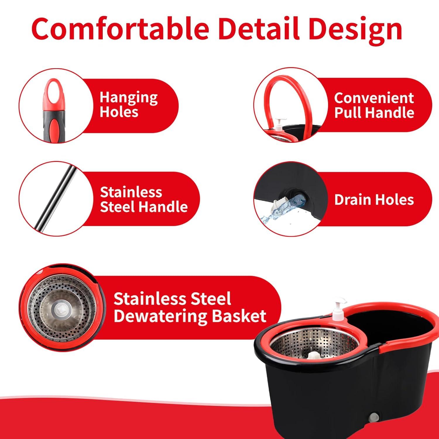 Spin Mop and Bucket Set, 360° Spin Mop and Bucket with Wringer Set and 3 Microfiber Mop Replacement Heads Refills, 61" Stainless Steel Extended Handle Spinning Mop Bucket System for Floor Cleaning