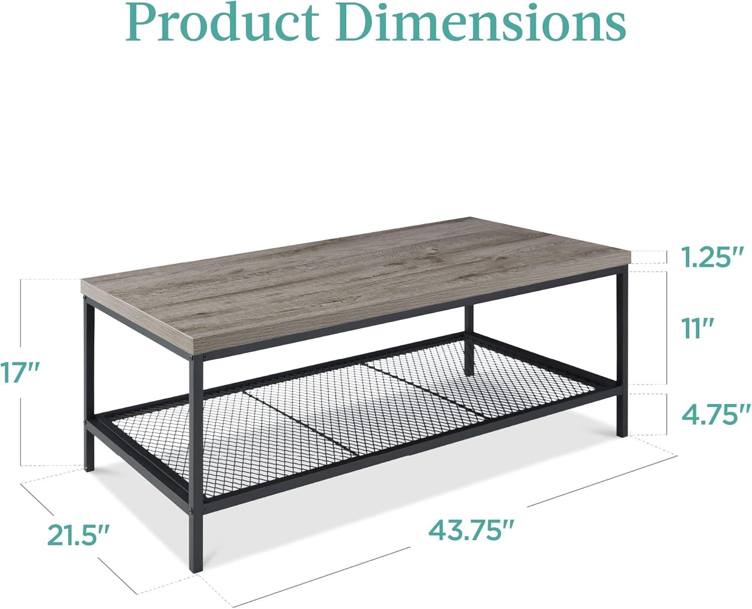 Best Choice Products 44in 2-Tier Modern Industrial Rectangular Wood Coffee Table w/ Mesh Shelf, Metal Frame