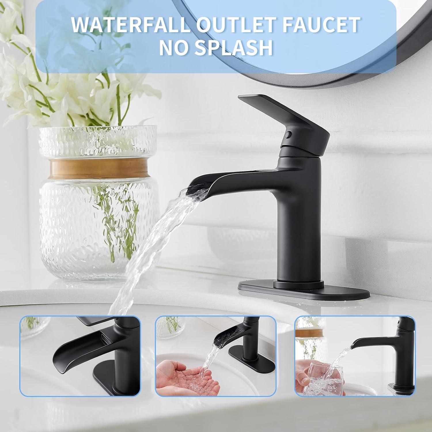 BWE Waterfall Single Handle Single Hole Modern Bathroom Faucet Bathroom Sink Faucet in Matte Black