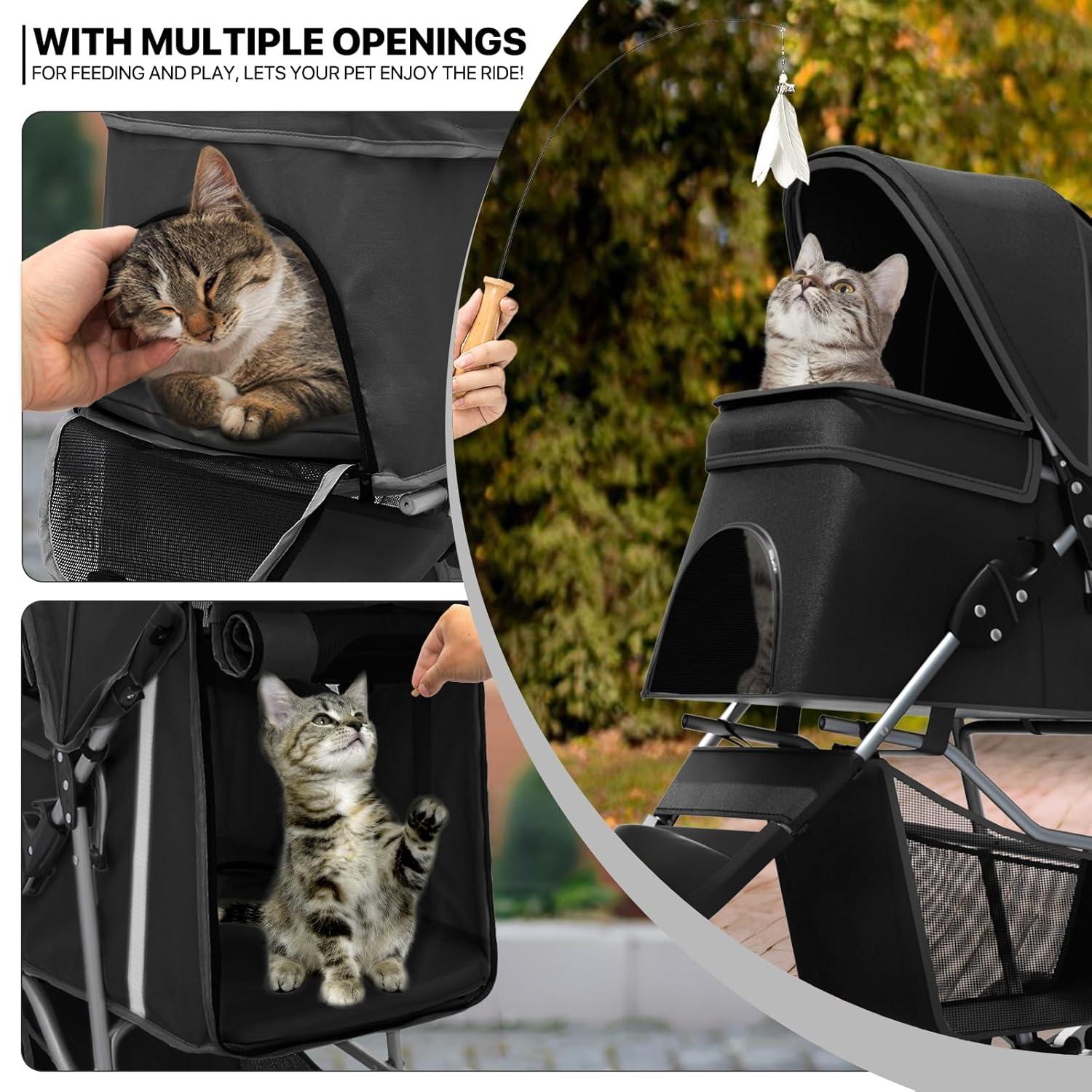 MoNiBloom Pet Dog Stroller, 3 Wheels Foldable Dog Cat Strollers with Storage Basket and Cup Holder for Small and Medium Cats, Dogs, Puppies, Black