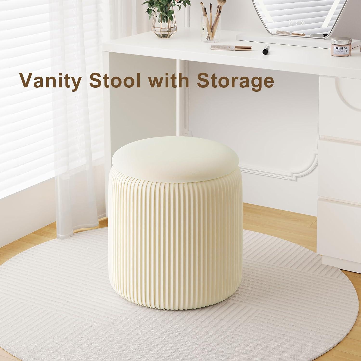 Cream Velvet Round Storage Ottoman Set with Removable Lid