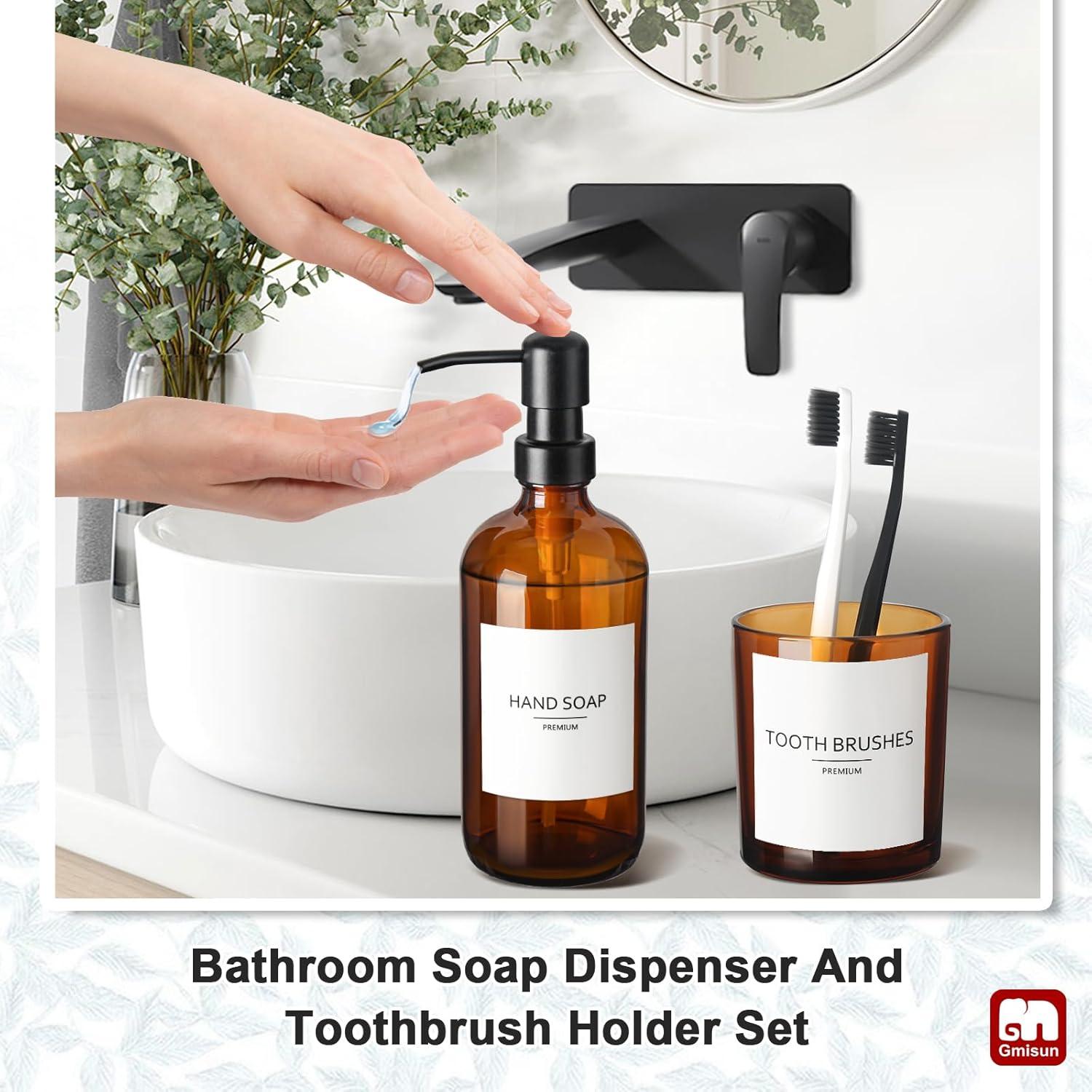 GMISUN Bathroom Accessories Set, 5 Pack Amber Glass Bath Accessory Sets Complete, Brown Soap Dispenser and Toothbrush Holder Bathroom Counter Sink Set with Labels, Rustic Modern Vintage Bathroom Decor