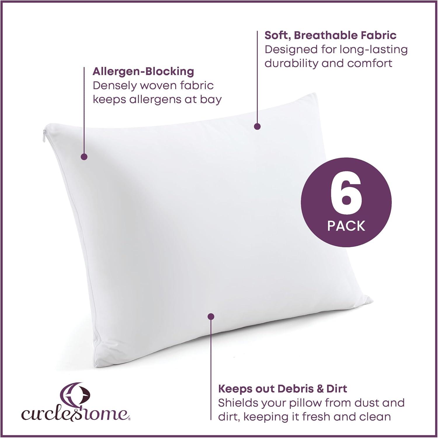 Circles Home 100% Cotton Breathable Queen Pillow Protector with Zipper – (6 Pack)