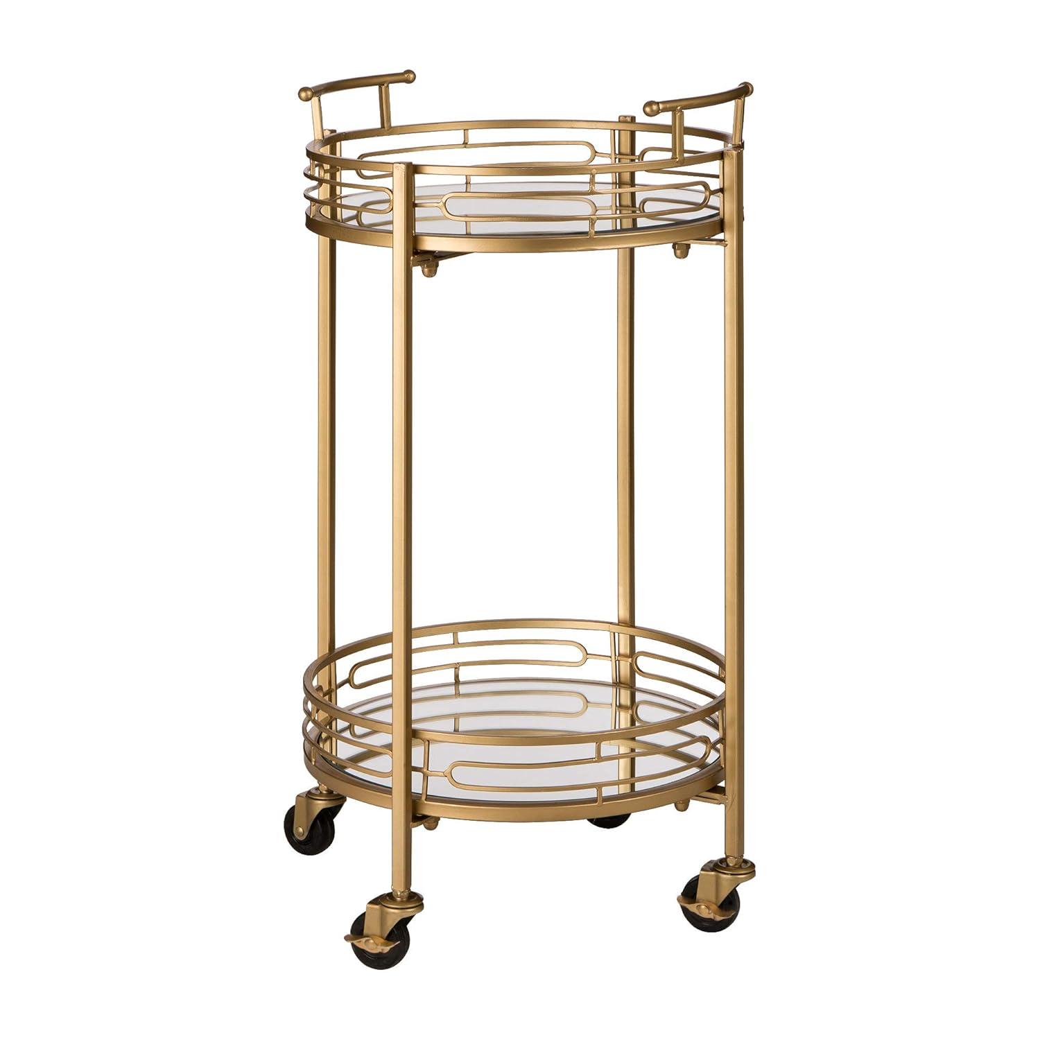Glitzhome 29.5" H Round Gold Bar Cart with 4 Wheels 2-Tier Deluxe Tray Metal Mirrored Glass Top Rolling Serving Cart for Kitchen Living Room Hotel Wine/Tea Serving Cart