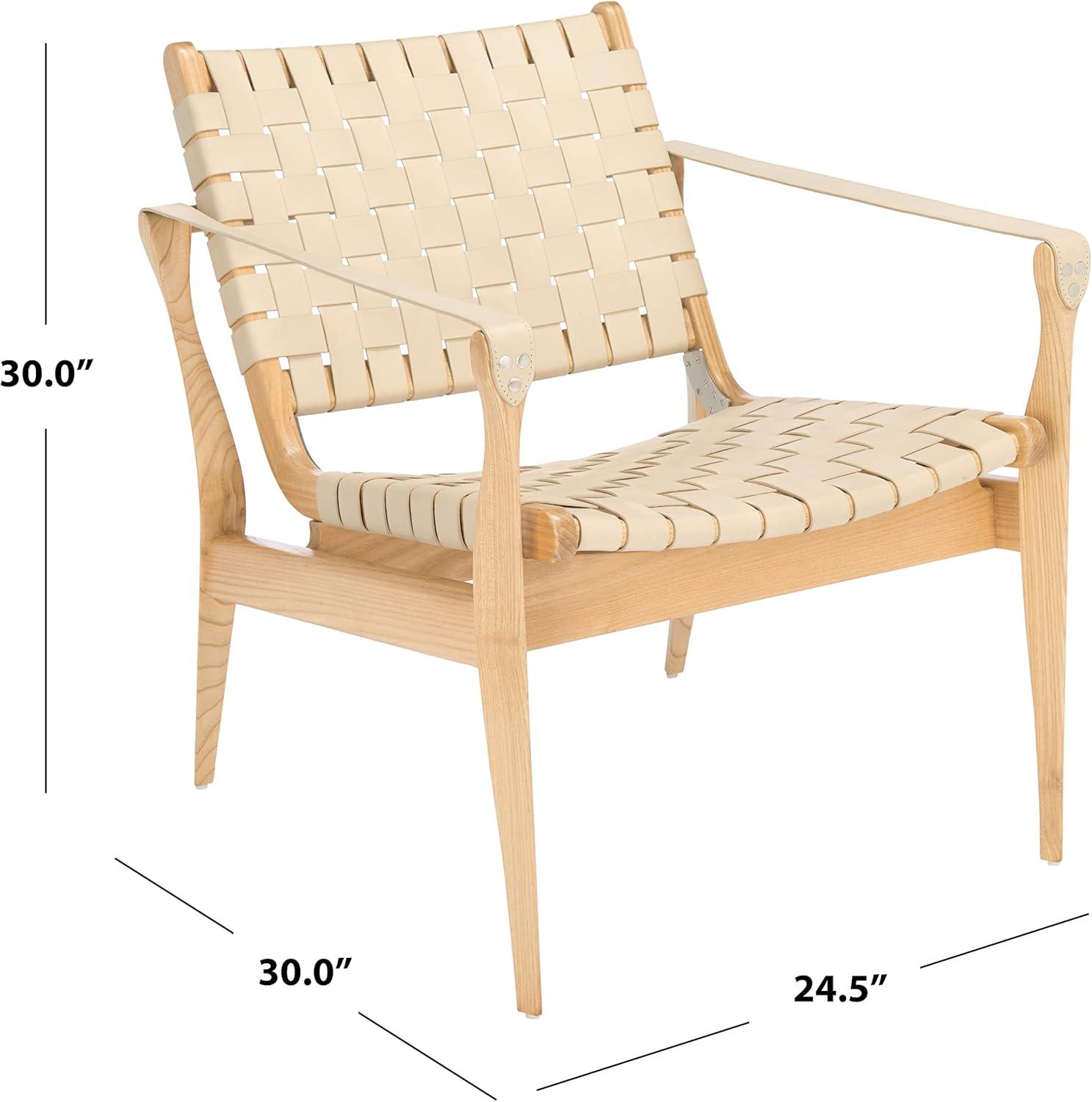 Cherry Mahogany & Woven Leather Safari Accent Chair - White