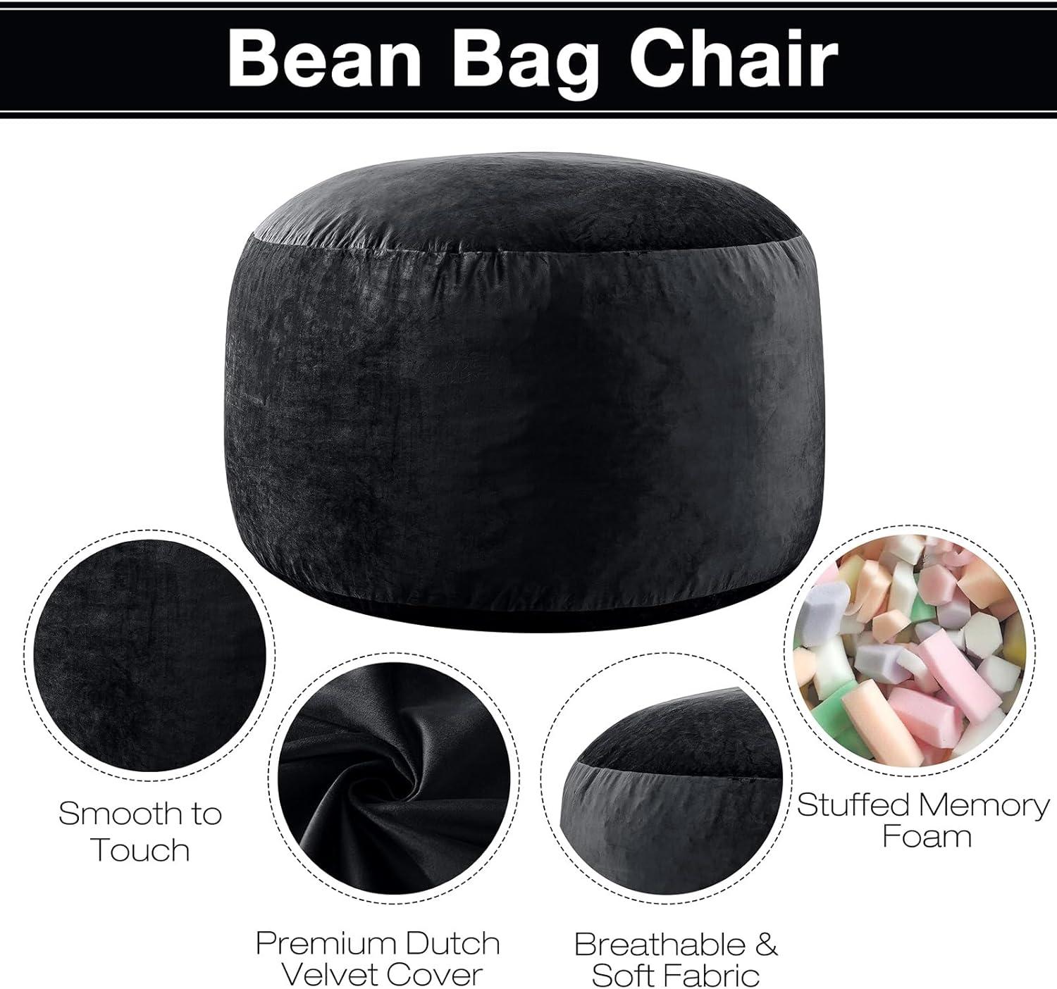 Large Bean Bag Chair for Adults/Kids with Filling, 4 ft Memory Foam Bean Bag Chairs with Filler Included, Ultra Soft Dutch Velvet Fabric, Bean Bag for Living Room - 4 Foot,Black