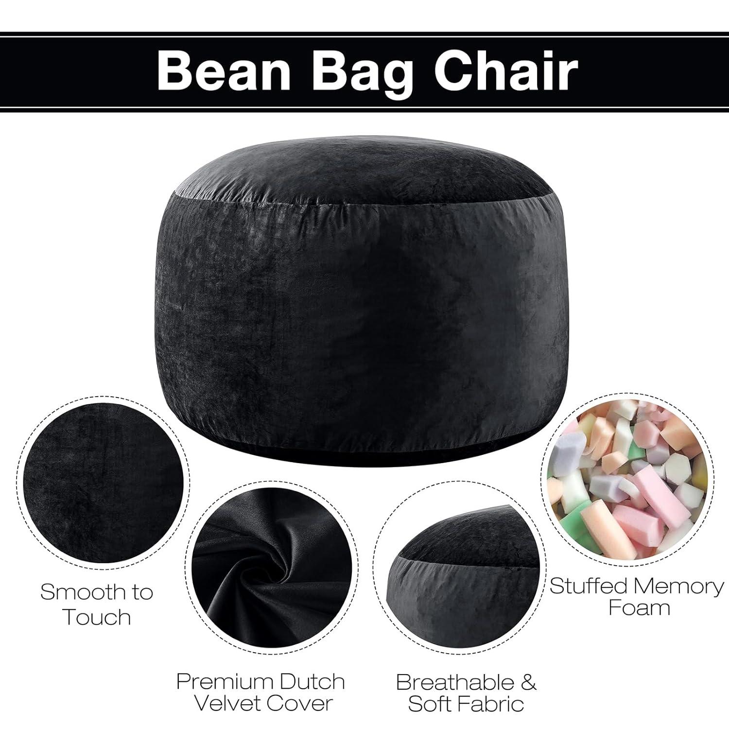 Large Bean Bag Chair for Adults/Kids with Filling, 4 ft Memory Foam Bean Bag Chairs with Filler Included, Ultra Soft Dutch Velvet Fabric, Bean Bag for Living Room - 4 Foot,Black