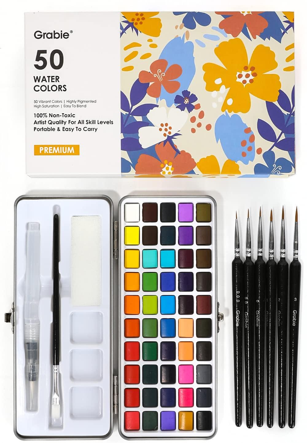 Grabie Acuarela Pintura Conjunto, 50 Colores, Pincel Detalle Incluido, Suministros de Arte para la Pintura, Gran Acuarela Conjunto para Artistas, Aficionados Aficionados y Amantes de la Pintura
