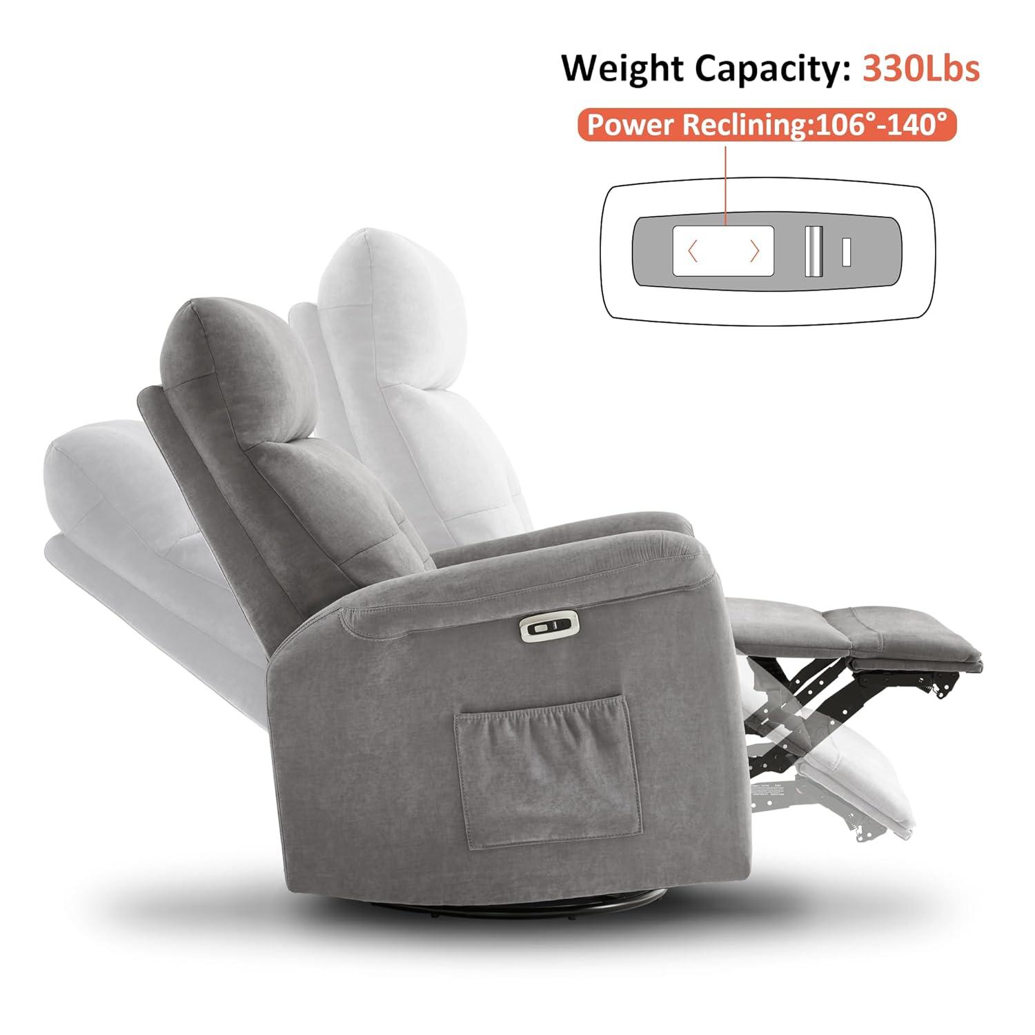 MCombo Fabric Power Recliner, Electric Swivel Glider Rocker Recliner Chair for Nursery with USB Ports, Side Pockets for Living Room, Small Space 7763