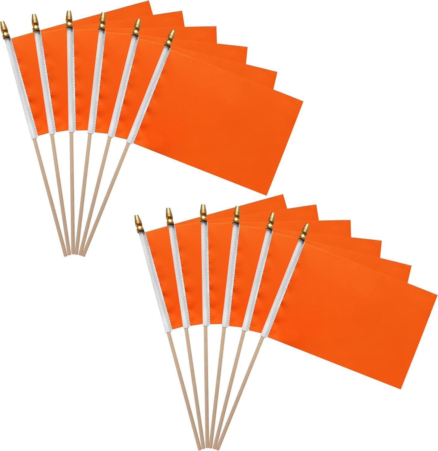 Orange Mini Handheld Polyester Flags with Plastic Sticks, 5x8 Inch, 12 Pack