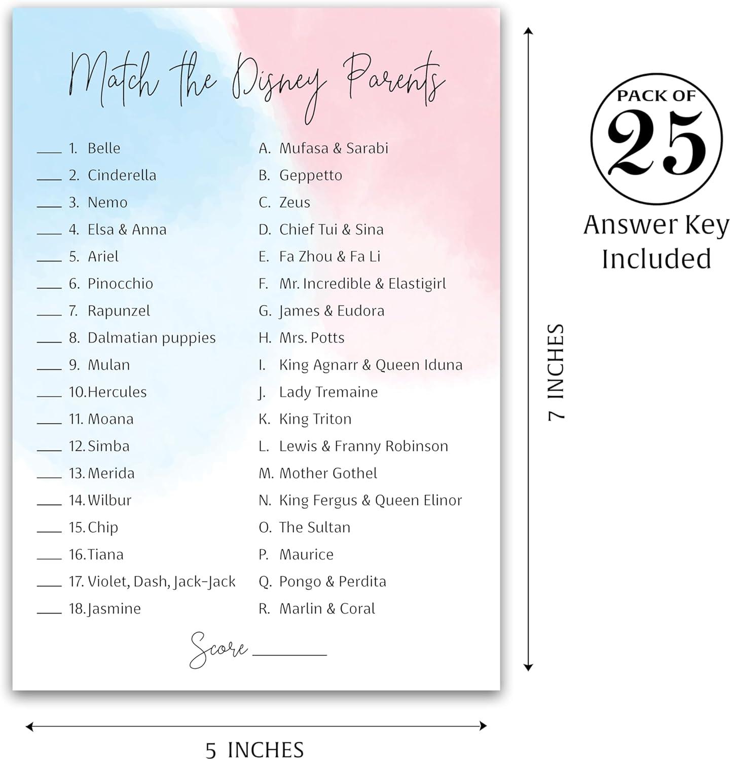 GENDER NEUTRAL Baby Shower Game — DISNEY PARENT MATCH Game — Pack of 25 — PURPLE Elephant Baby Shower Game, Match Famous Disney Parents Fun Shower Activity, Disney Star Kids Match Game, SKU G752-DPM