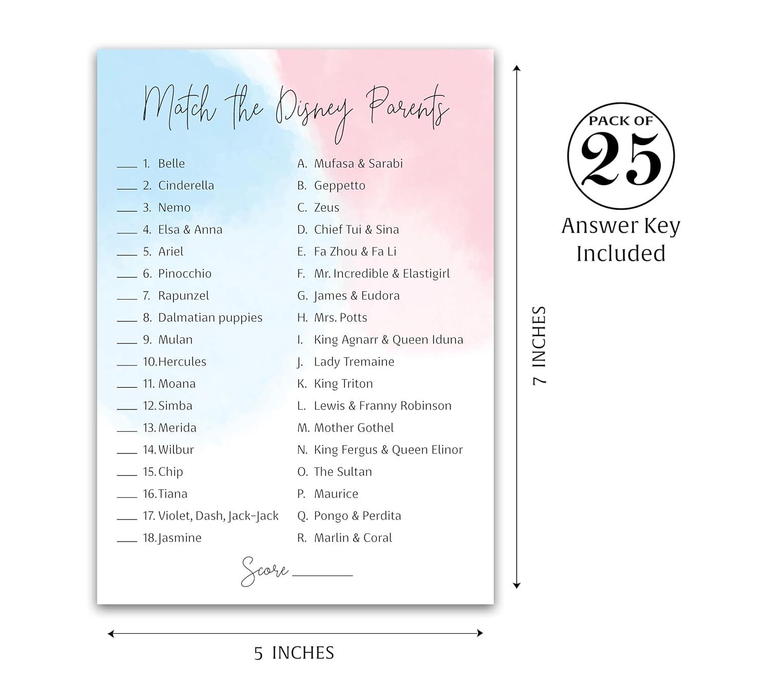 GENDER NEUTRAL Baby Shower Game — DISNEY PARENT MATCH Game — Pack of 25 — PURPLE Elephant Baby Shower Game, Match Famous Disney Parents Fun Shower Activity, Disney Star Kids Match Game, SKU G752-DPM