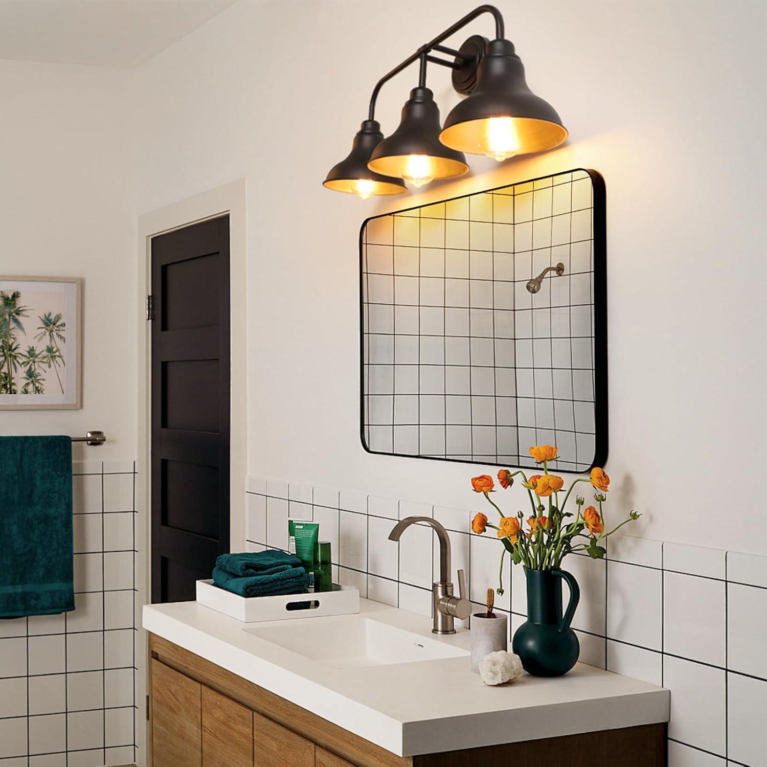 Farmhouse 25.25 in. 3-Light Black Vanity Light with Black Metal Shades