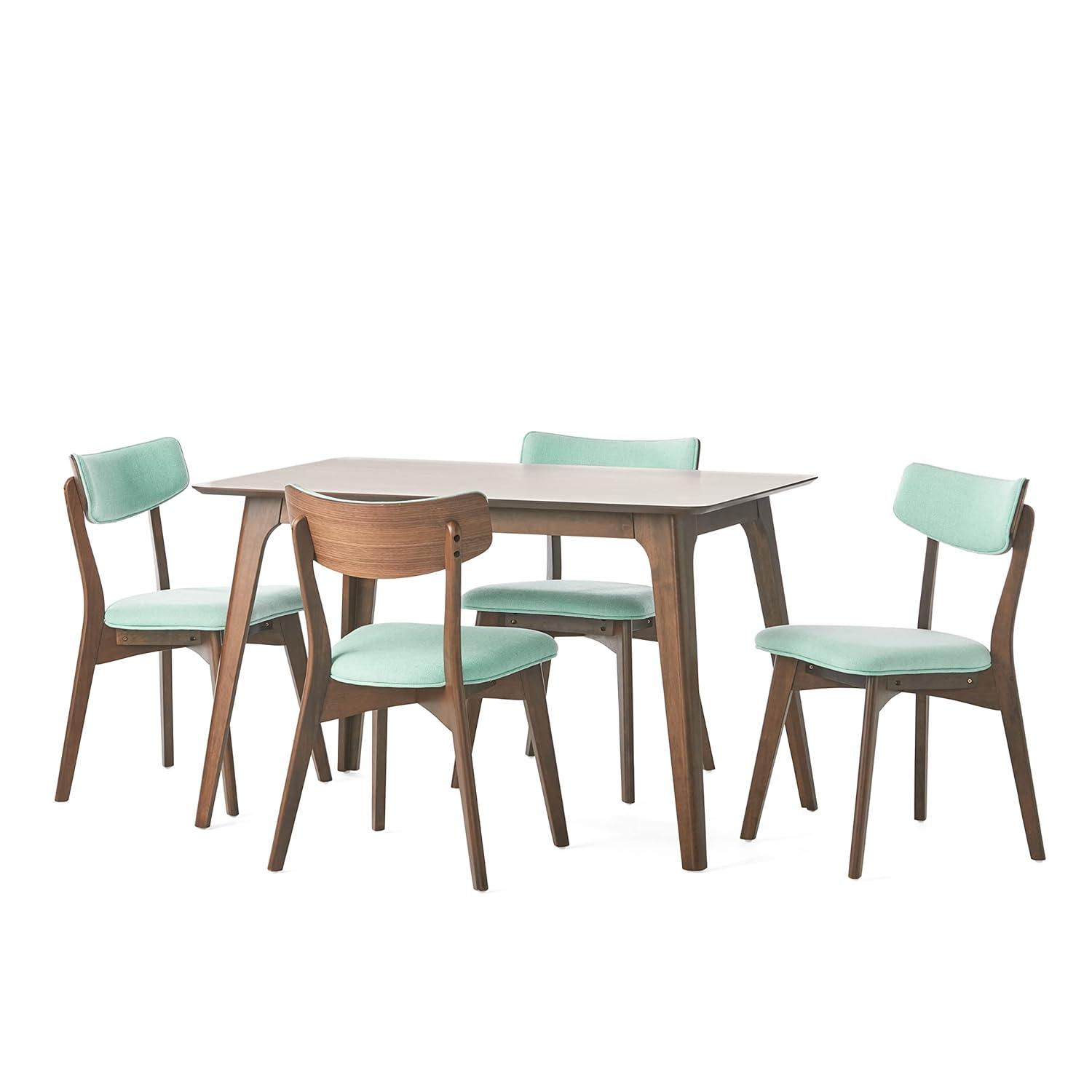 Christopher Knight Home 5pc Megann Mid Century Wood Dining Set Walnut/Mint: Polyester Upholstered Chairs, Rectangular Table