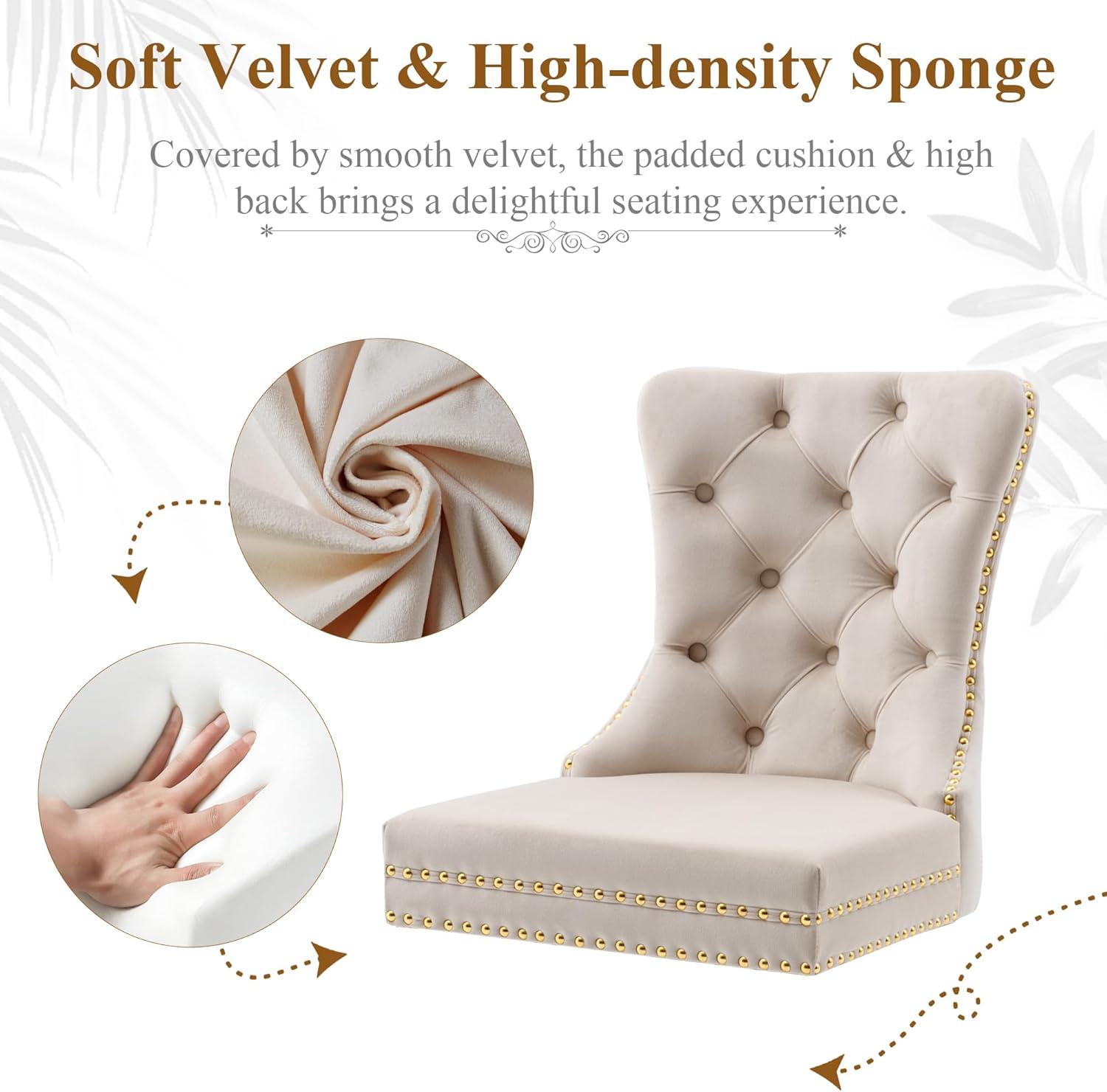 BELLEZE Upholstered Dining Chairs Set of 2, Velvet Luxury Dining Room Chairs with Button Back, Nailhead Trim, Pull-ring, Solid Wood Legs for Kitchen, Living Room, Restaurant - Chandler (Beige)