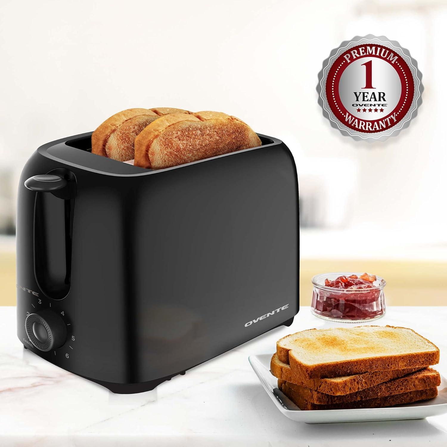 OVENTE Electric 2 Slice Toaster, 6 Shade Toast Settings, Removable Crumb Tray, Black TP2210B