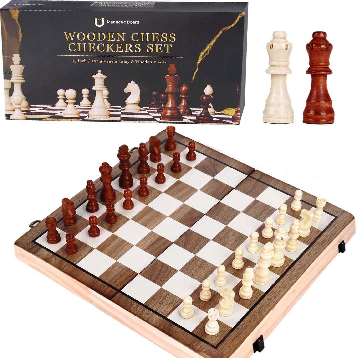 KiddiTouch 15 inch Magnetic Wooden Chess Set 2 in 1 Folding Chess Board Travel Chess Games for Adults and Kids