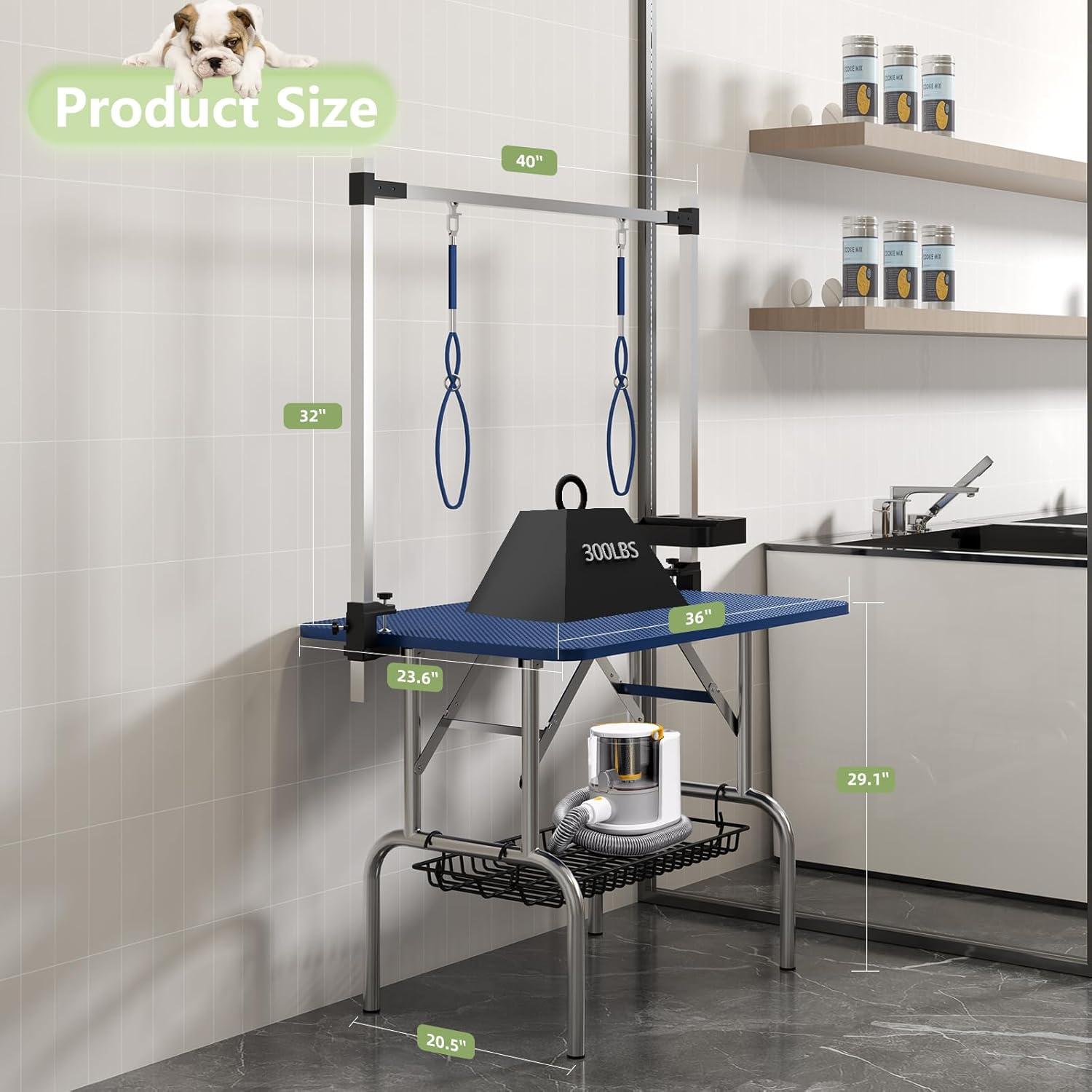 36" Professional Adjustable Pet Grooming Table Heavy Duty with Arm & Nosse & Mesh Tray for Large Dog Cat Shower Table Bath Station, Maximum Capacity Up to 330 LBS