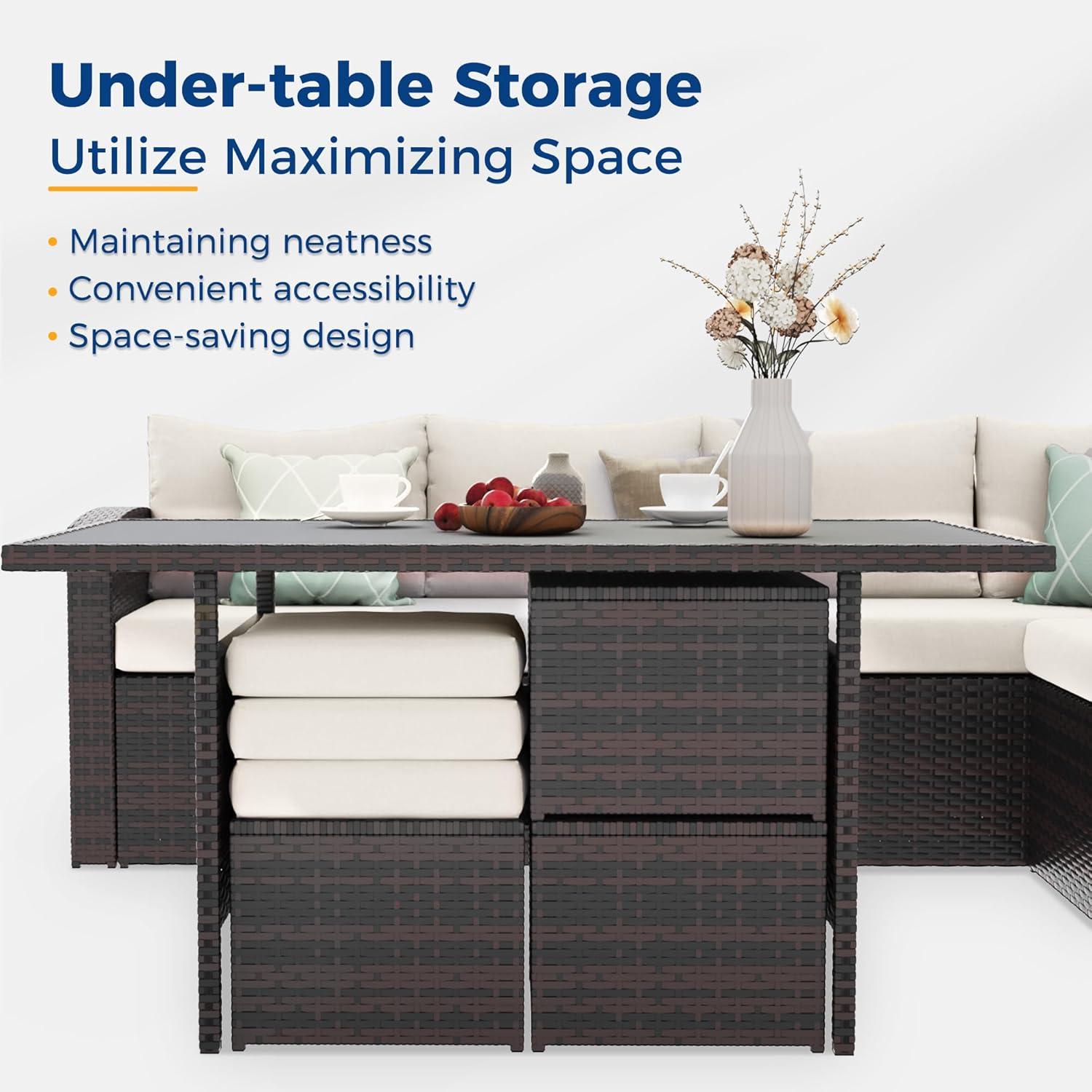 Wisteria Lane Patio Furniture Set, 7 Piece Outdoor Dining Sectional Sofa with Dining Table and Chair, All Weather Wicker Conversation Set with Ottoman, Brown