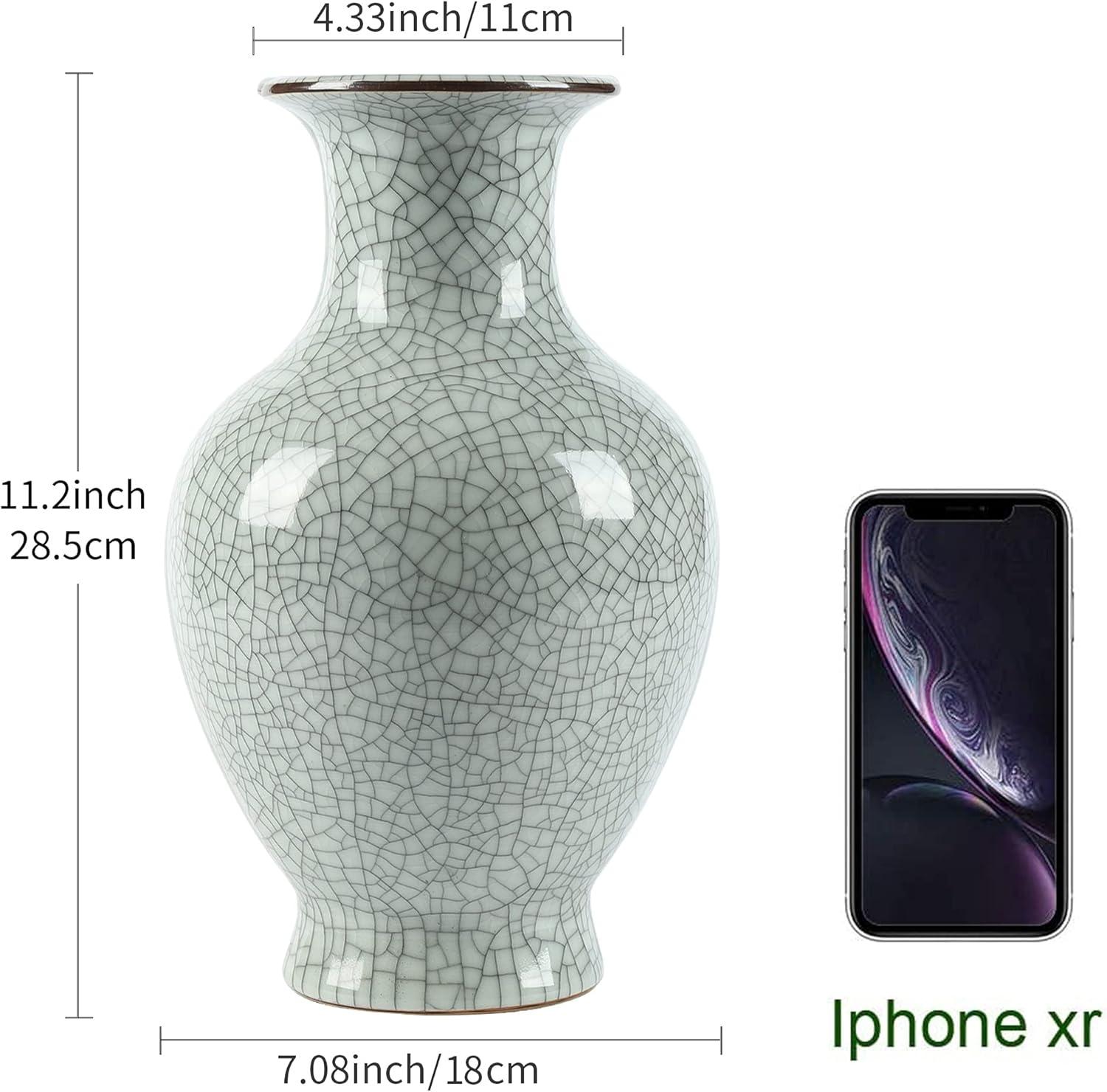 Green Ceramic Vase for Home Decor, Rustic Oriental Vases, Glazed Decorative Farmhouse Vase for Mantel, Table, Bookshelf, Living Room Decoration(Green)