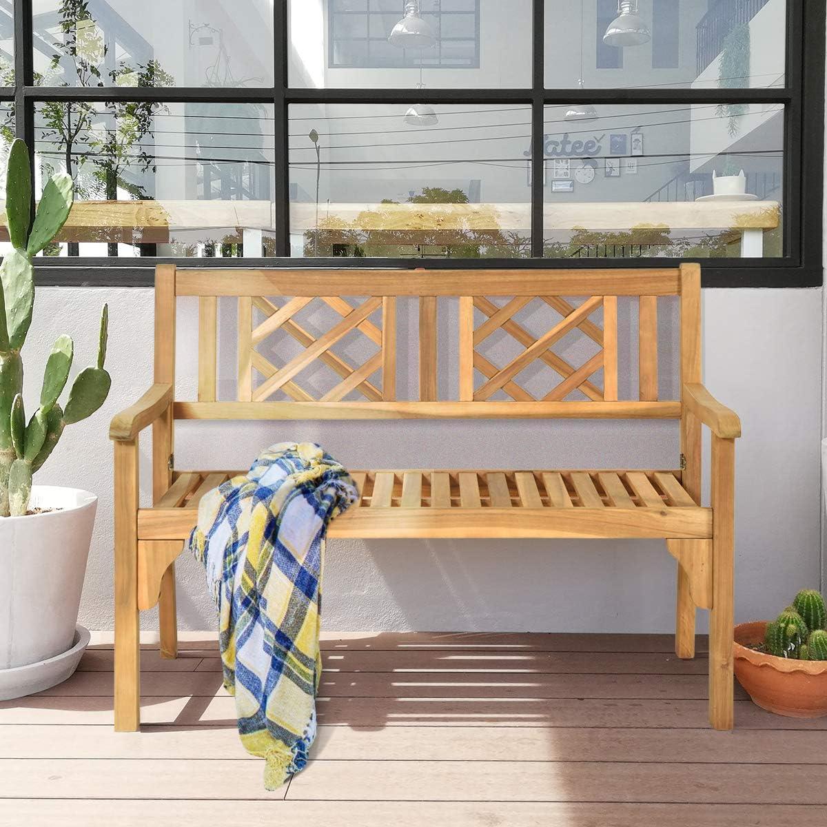 Teak Foldable Acacia Wood Outdoor Bench with Curved Backrest