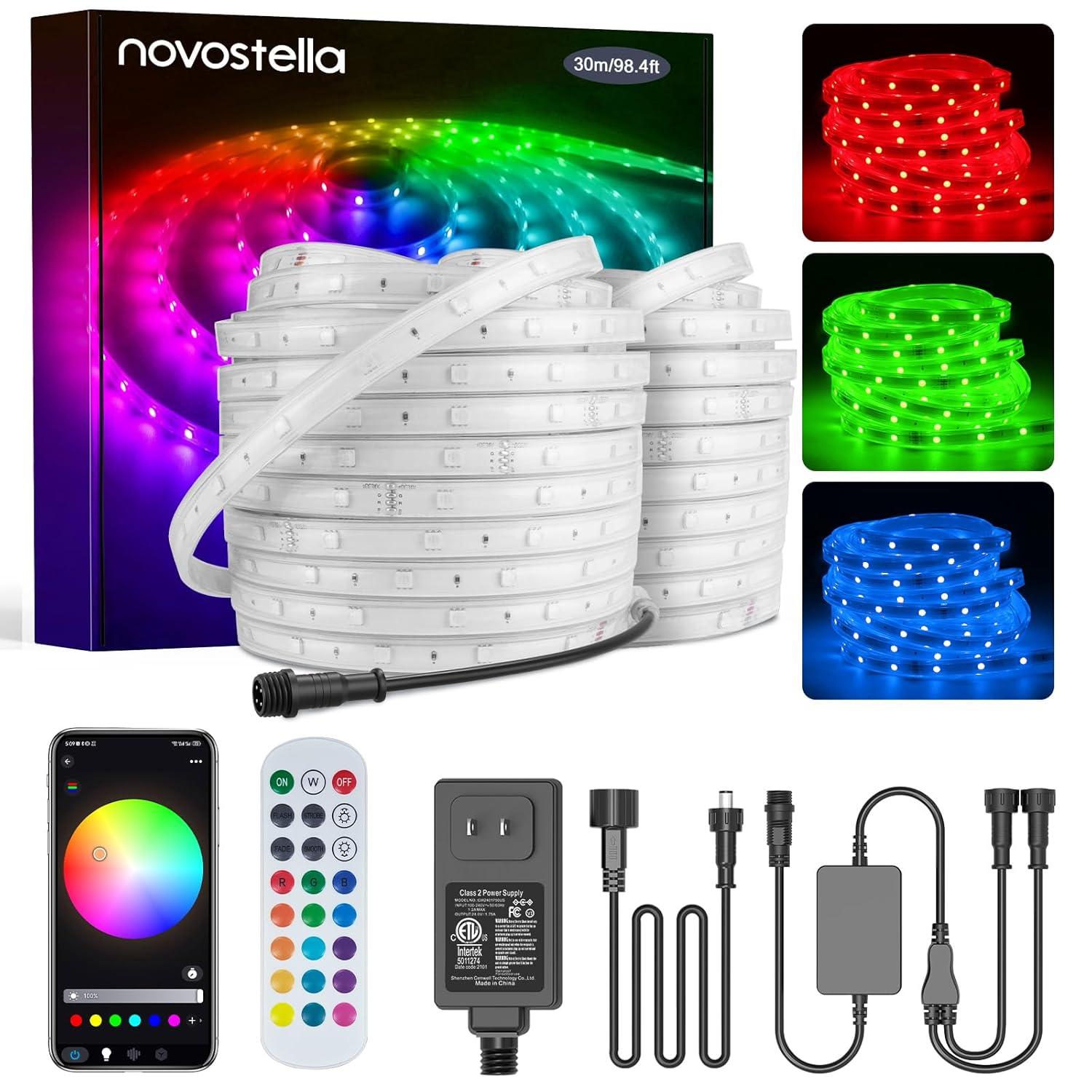 Novostella 98.4ft (49.2x2) Smart LED Outdoor Rope Light, Music Sync RGB Strip Lights, App Control and RF Remote Color Changing Dimmable Tape Exterior Lighting Kit, for Garden Stairs Party, 24V IP65