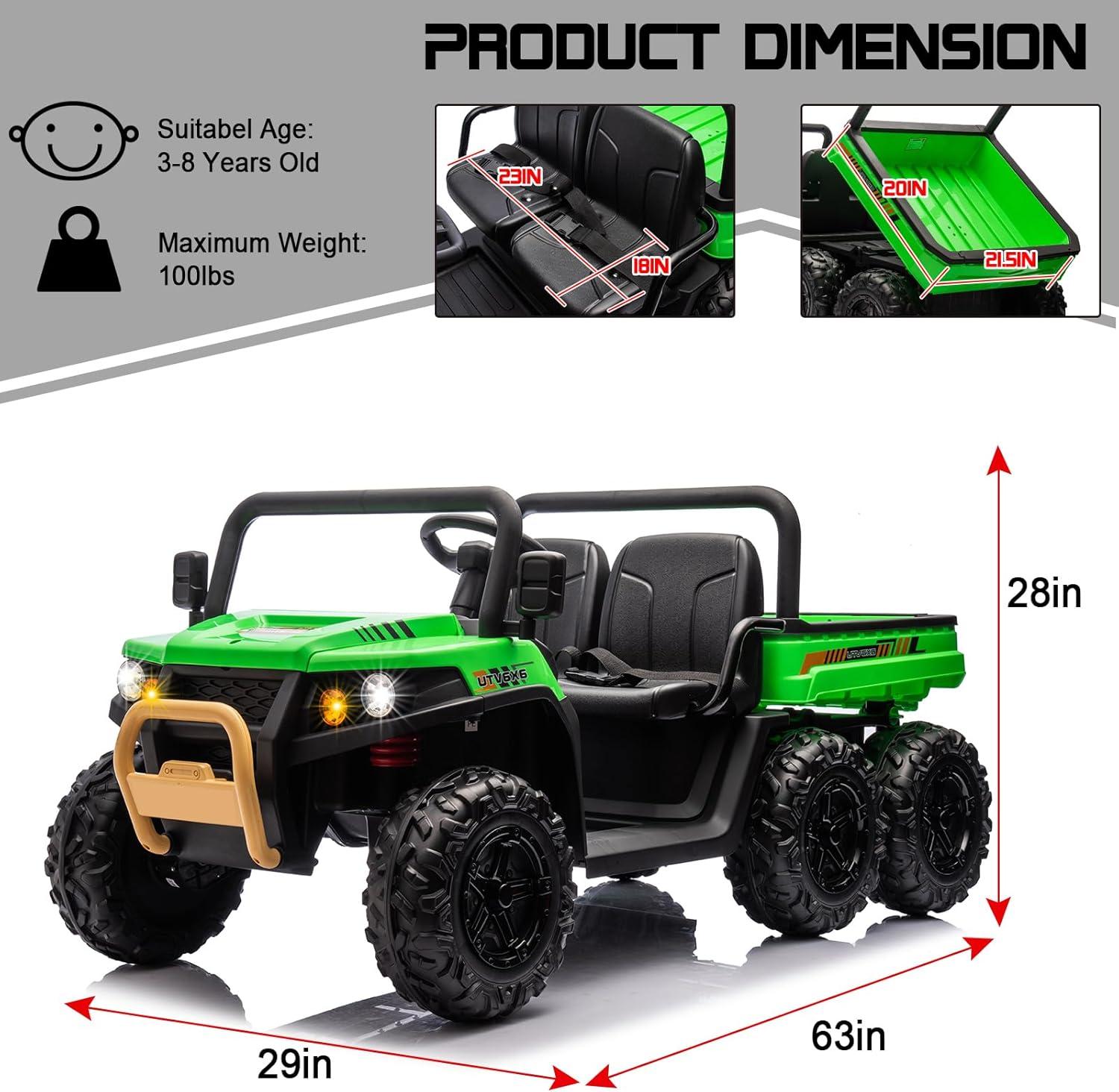 24V Ride on Toys with Remote Control, 2 Seater Electric Powered Ride on Dump Truck , 4WD 6-Wheel UTV Car w/ Tipping Bucket Trailer, Shovel, Suspension, Bluetooth Music, Big Kids, Green