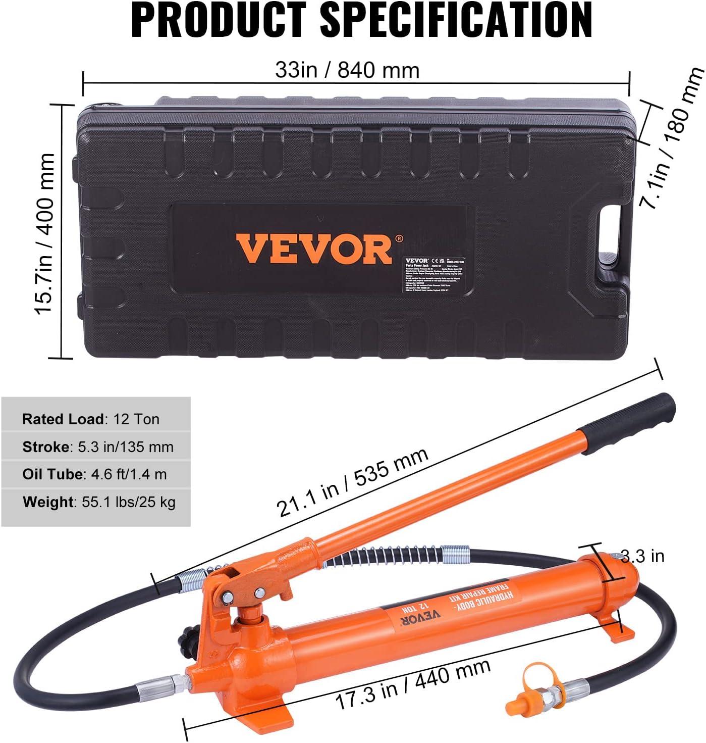 12 Ton Porta Power Hydraulic Jack Kit 26455 Lbs. Load Body Repair Tool with 4.6 ft. Oil Hose Carry Case for Automotive