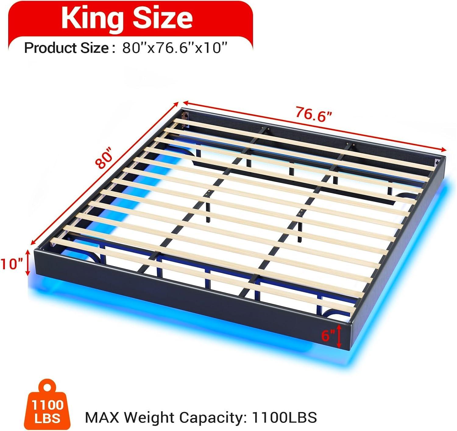 Floating Bed Frame With Led Lights Metal Platform Bed, No Squeak