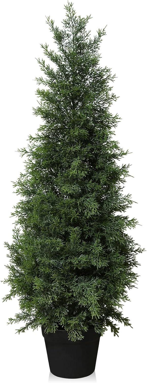 5ft Artificial Cedar Topiary Trees for Outdoors, Fake Cypress Plants with Solar Light String, Faux uv resistant Plants for Home Front Porch Decor, Housewarming Gift