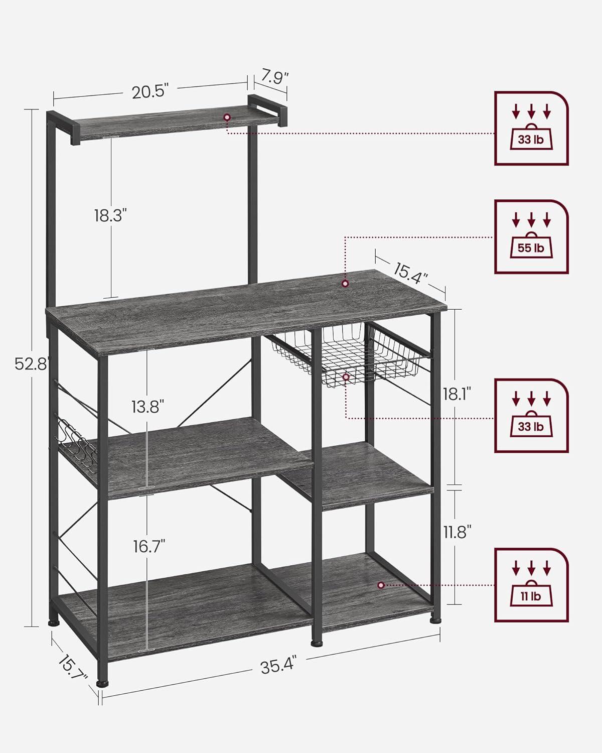 VASAGLE Baker's Rack Microwave Stand with Wire Basket 6 Hooks and Shelves,for Spices Pots and Pans Charcoal Gray and Black