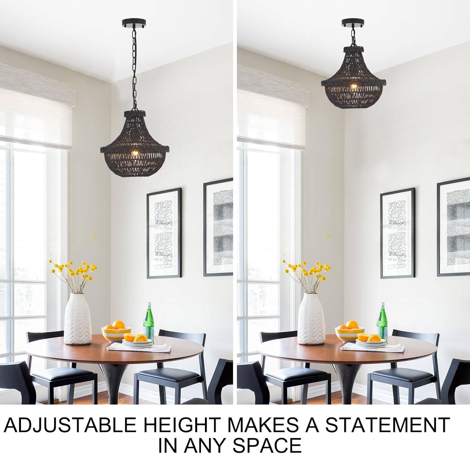 19.69" Boho Black Rattan Chandelier Vintage 4-Lights Farmhouse Hand-Woven Bamboo Basket Chandelier Light Fixture Rustic Wicker Rattan Chandeliers for Dining Room, Kitchen, Living Room